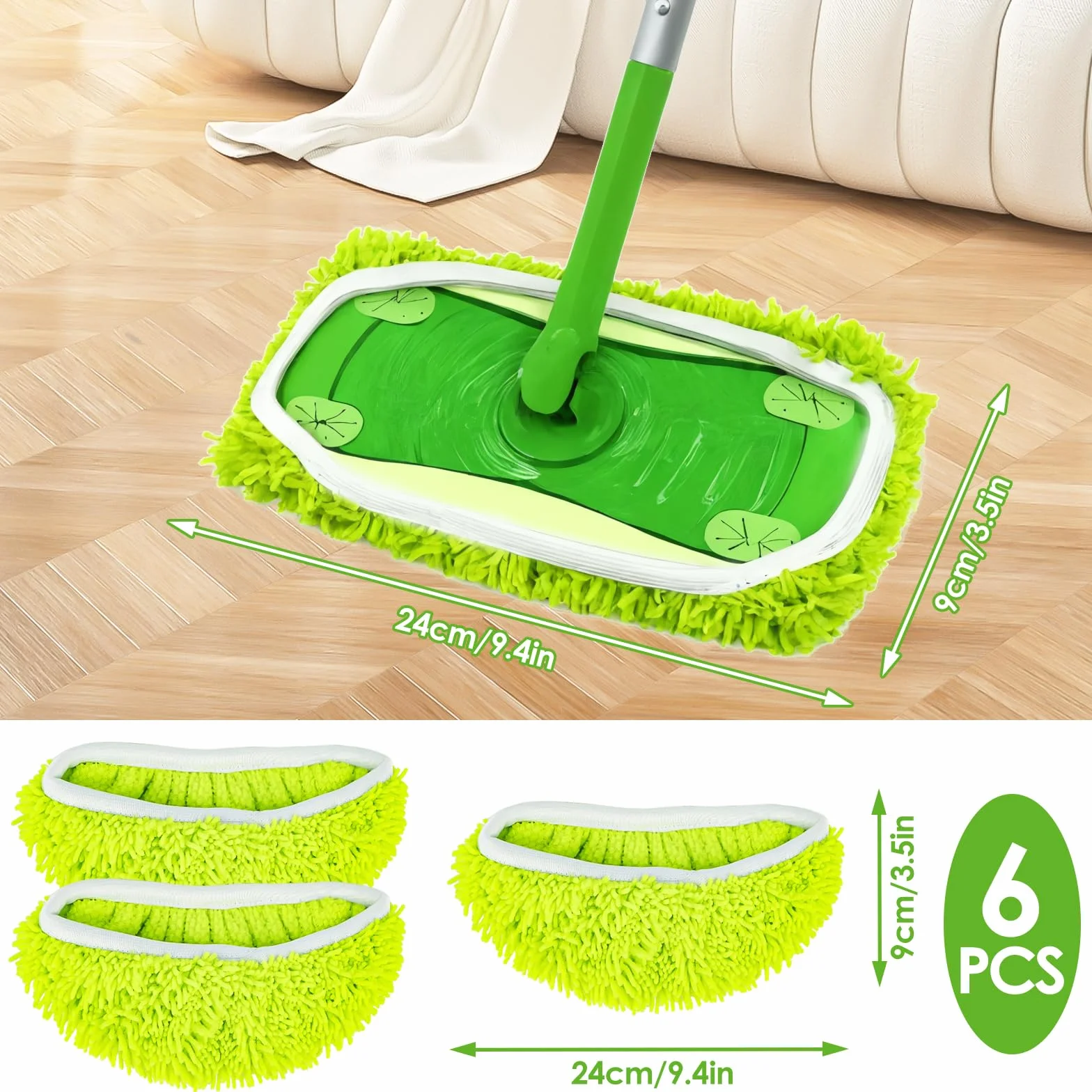 6 suchych ściereczek podłogowych, wilgotne ściereczki do podłogi do Swiffer Sweeper mopa, wielokrotnego użytku, zmywalne podkładki z mikrofibry do czyszczenia twardych podłóg, zielonych