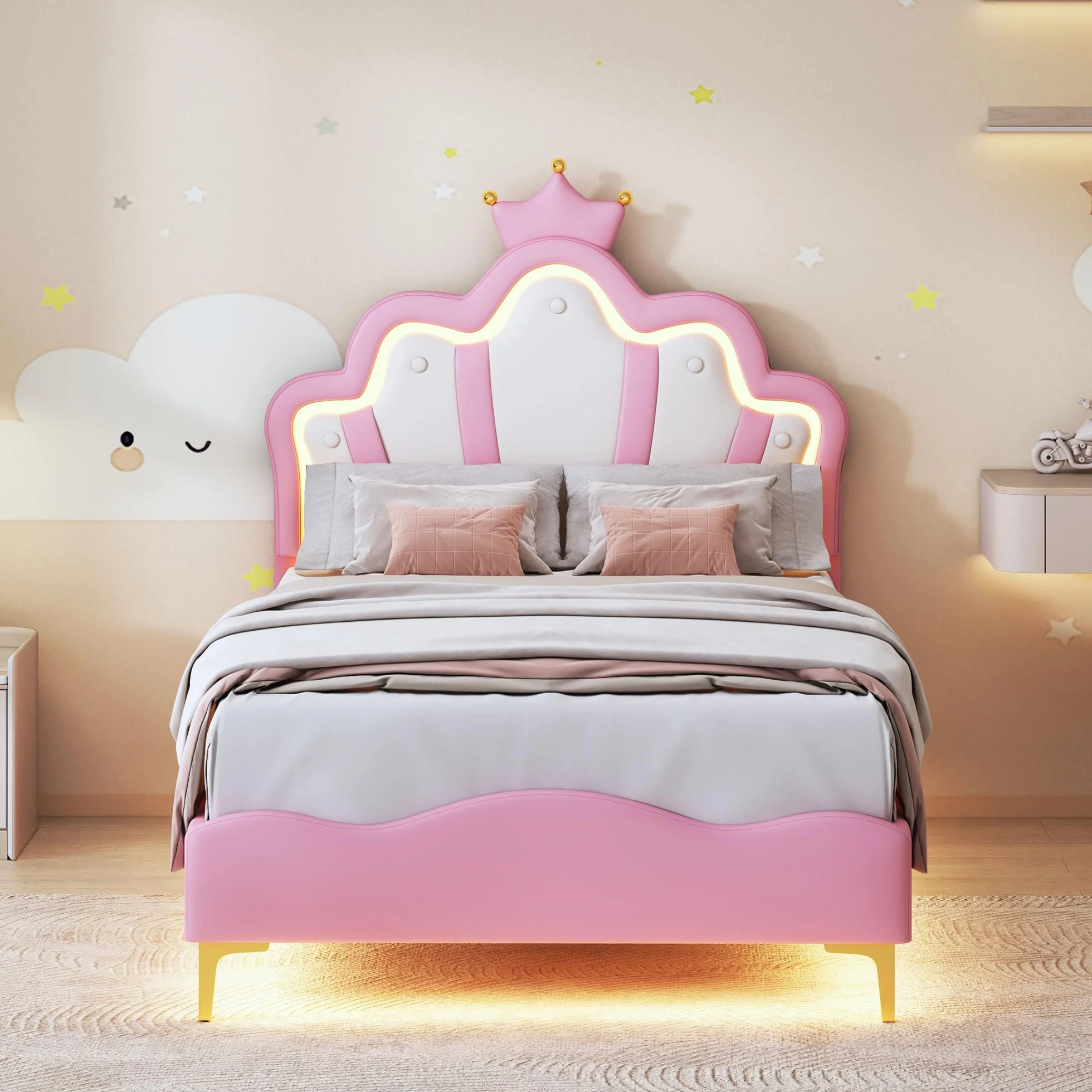 KeepGoon Łóżko dziecięce, tapicerowane, 90 x 200 cm, ze stelażem listwowym i oświetleniem LED, płaskie łóżko z zagłówkiem w kształcie chmury, łóżko księżniczki, w kształcie korony, miękkie wypełnienie