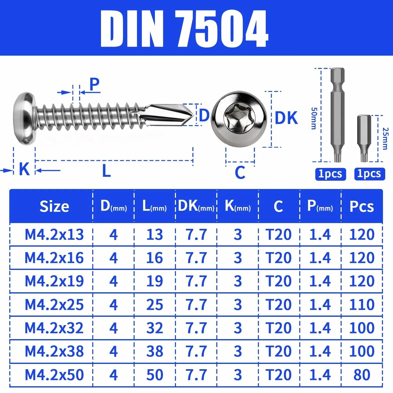 110 sztuk wkrętów Torx ze stali nierdzewnej, z łbem soczewkowym, samowiercące śruby M4,2 x 25 mm, wkręty samogwintujące ze stali nierdzewnej 410, wkręty do blachy, DIN 7504, do metalu do