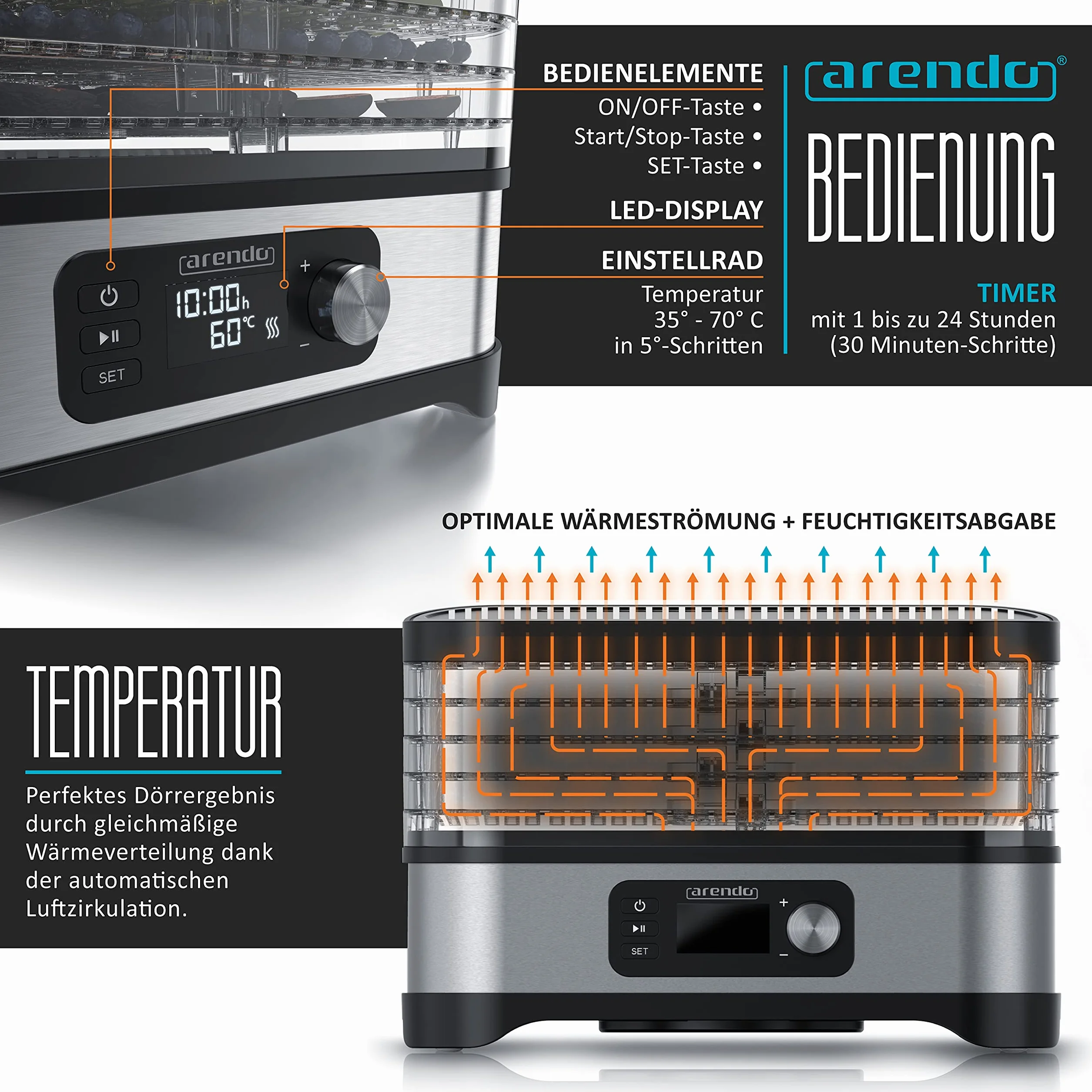 Arendo - Suszarka z regulatorem temperatury 400 W – urządzenie do suszenia żywności, mięsa, owoców, warzyw, z timerem do 24 h, 35 – 70 stopni, 5 wkładanych półek, GS – odwadniacz – nie zawiera BPA