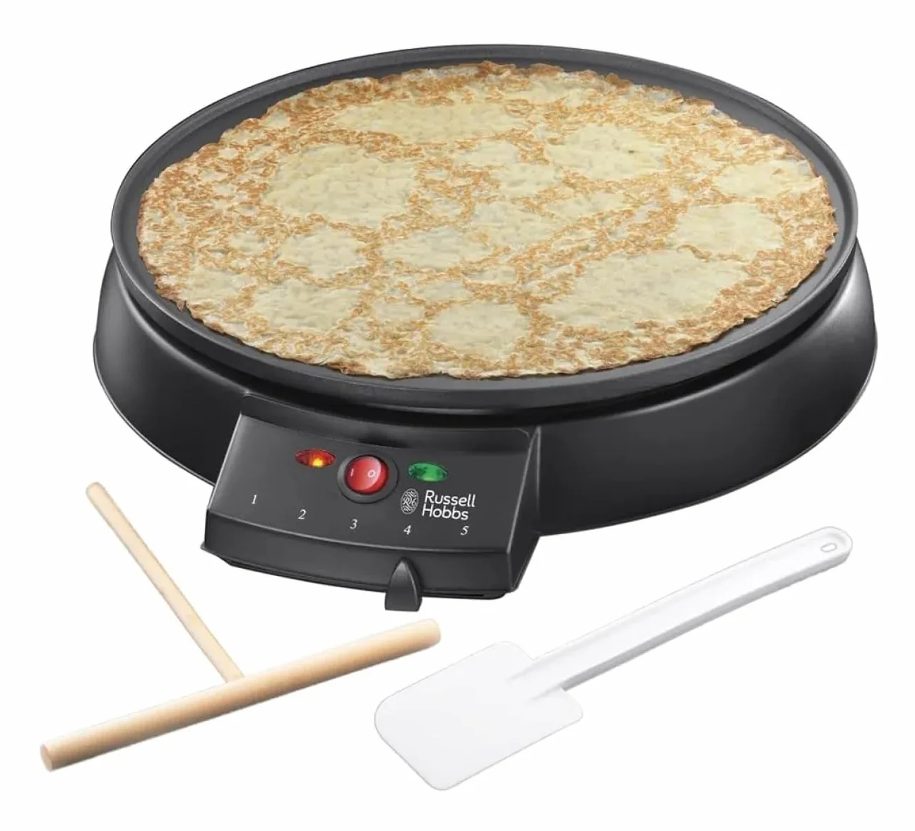 Russell Hobbs naleśnikarka, płyta o jednostajnej temperaturze, kontrolka gotowości temperatury, nieprzywierająca płyta, stal nierdzewna, moc 1000W, czarna, Crêpes Maker Fiesta 20920-56