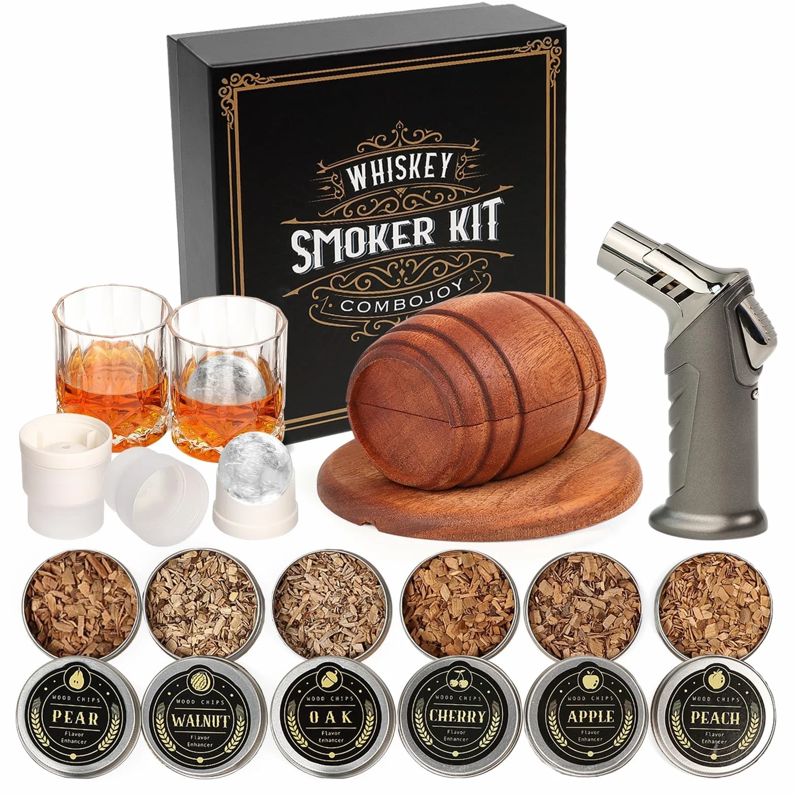 Zestaw do wędzarni whisky z latarką, 6 smaków, 2 szklanki, 2 foremki do lodów, zaparczacz do koktajli, staromodny zestaw do wędzania napojów, prezenty urodzinowe dla mężczyzn, taty