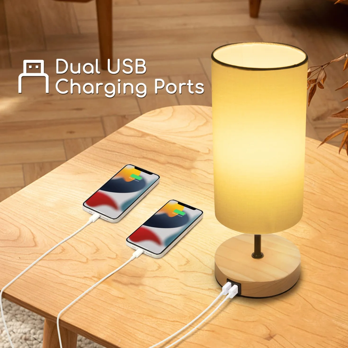 Lampa stołowa Aigostar z 2 portami ładowania USB, lampka nocna z włącznikiem pociąganym, drewniana podstawa, zabytkowa lampa biurkowa do salonu, sypialni, biura