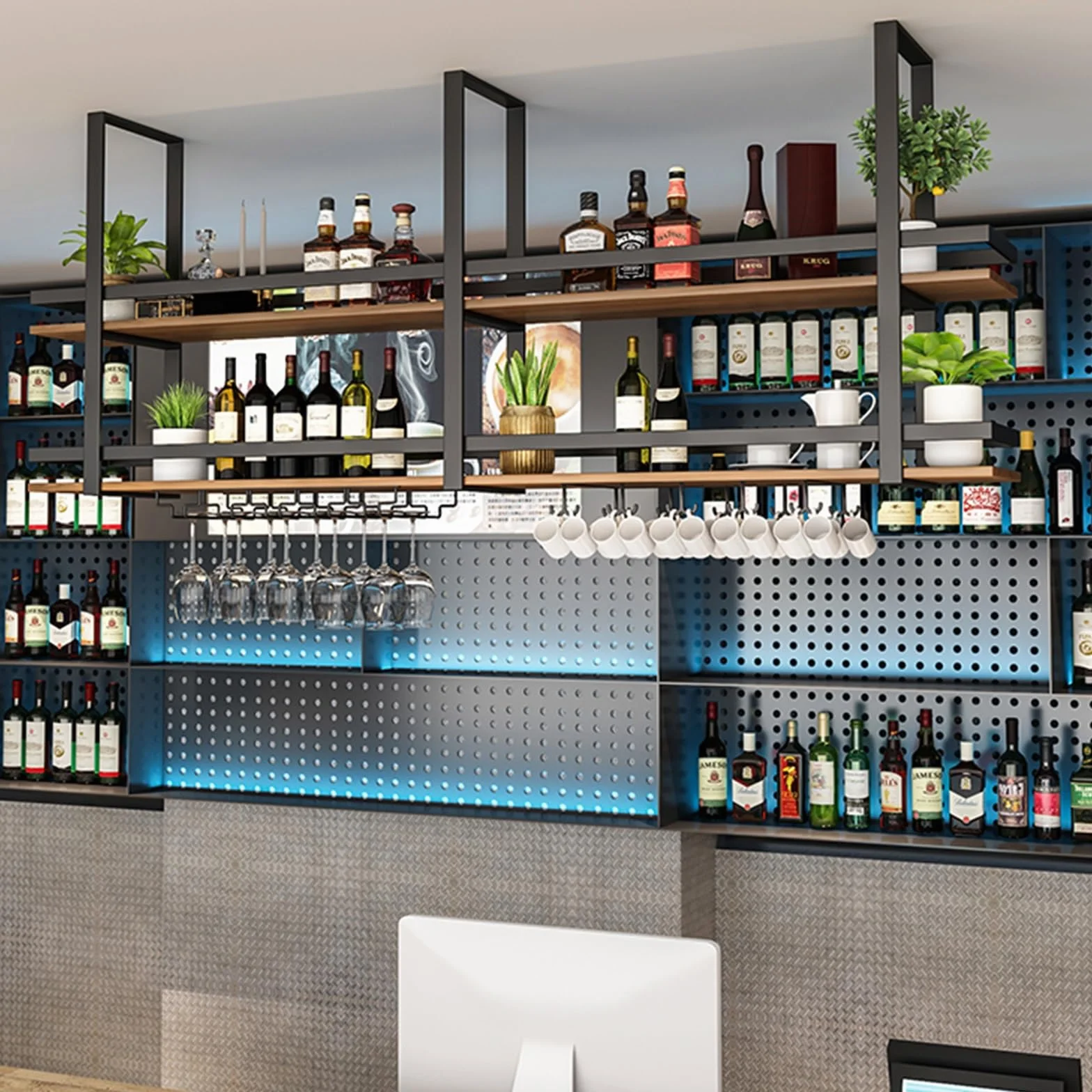 Montowany na suficie stojak na kieliszki do wina z żelazną półką ekspozycyjną na butelkę alkoholu, wielofunkcyjny, pływający organizer, półka do kuchni, 2-poziomowy, podwieszany metalowy stojak