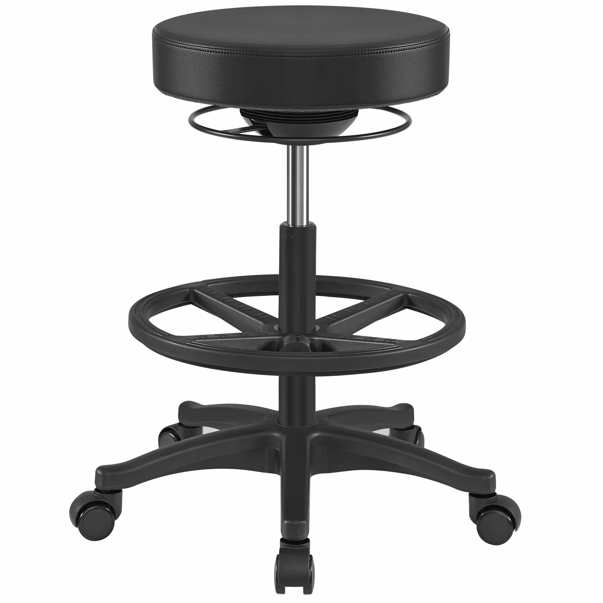 SONGMICS Stołek roboczy, wysokie siedzisko, ergonomiczny stołek dynastyczny, stołek biurowy, stojący, obrotowy i regulowany, 59,5-81 cm, z regulowanym, okrągłym podnóżkiem, czarny OSC007B01