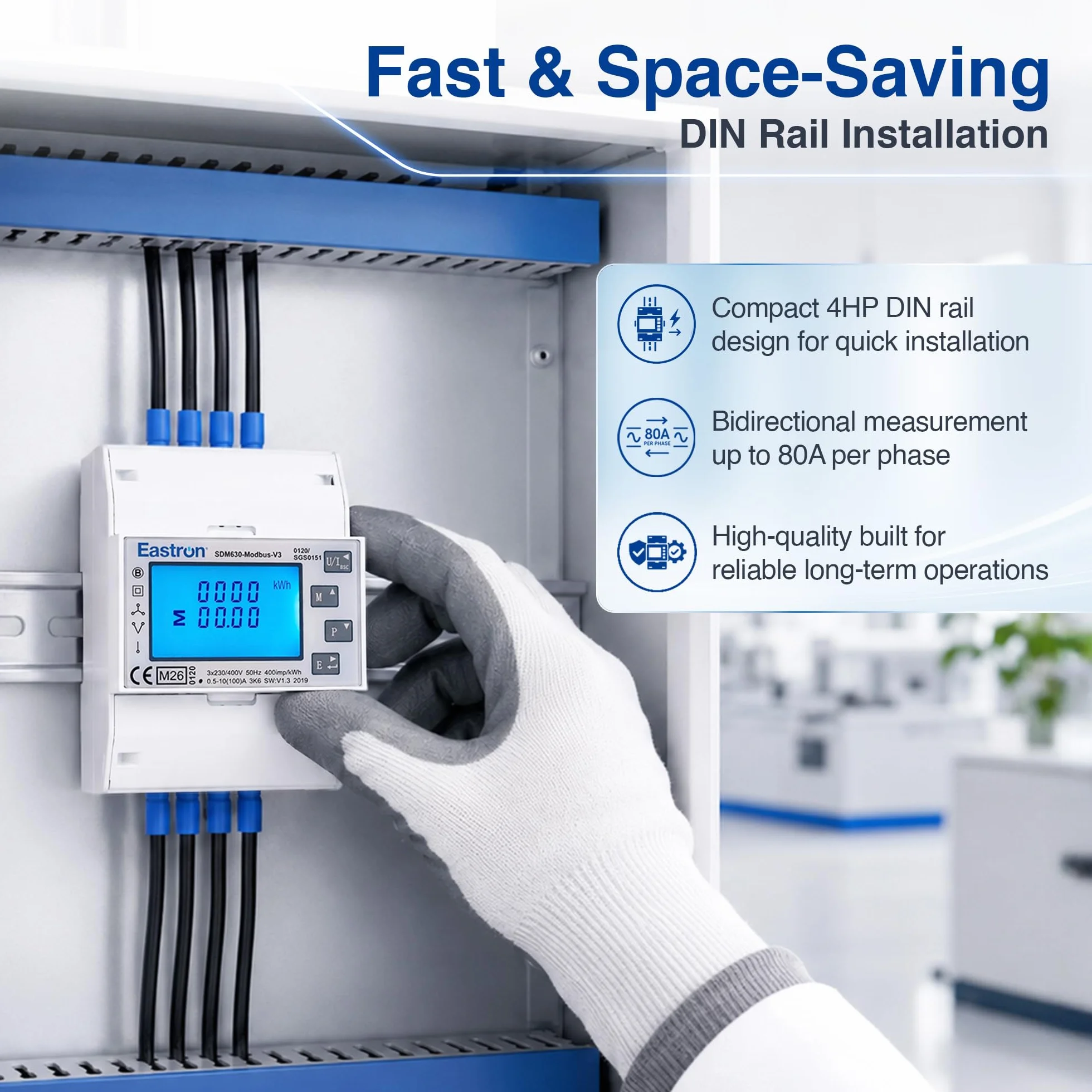 Eastron SDM630Modbus-V3 trójfazowy licznik energii elektrycznej, cyfrowy licznik prądu na szynę DIN, wielofunkcyjny, dwukierunkowy z 2x S0, RS485 Modbus-RTU