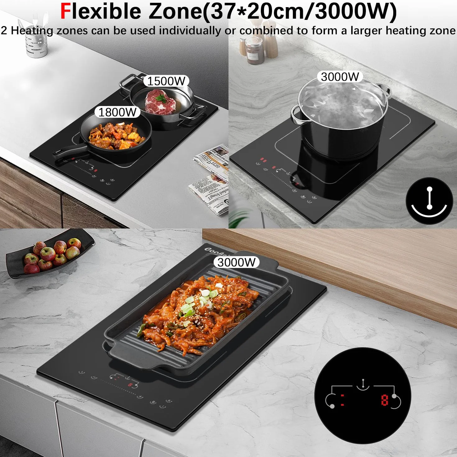 Płyta indukcyjna z wtyczką, płyta grzewcza 2 płyty, 29 cm, wbudowana, 3500 W, podwójna płyta kuchenna z flexzone, zamek bezpieczeństwa, suwak Touch Control, płyty indukcyjne