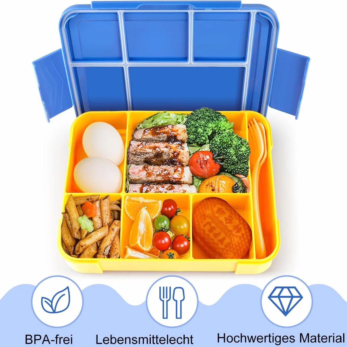 YC Kitchen pudełko śniadaniowe, 1200 ml, z 5 przegródkami, szczelny lunchbox Bento ze sztućcami, nadaje się do mikrofalówki i zmywarki (w kolorze niebieskim)