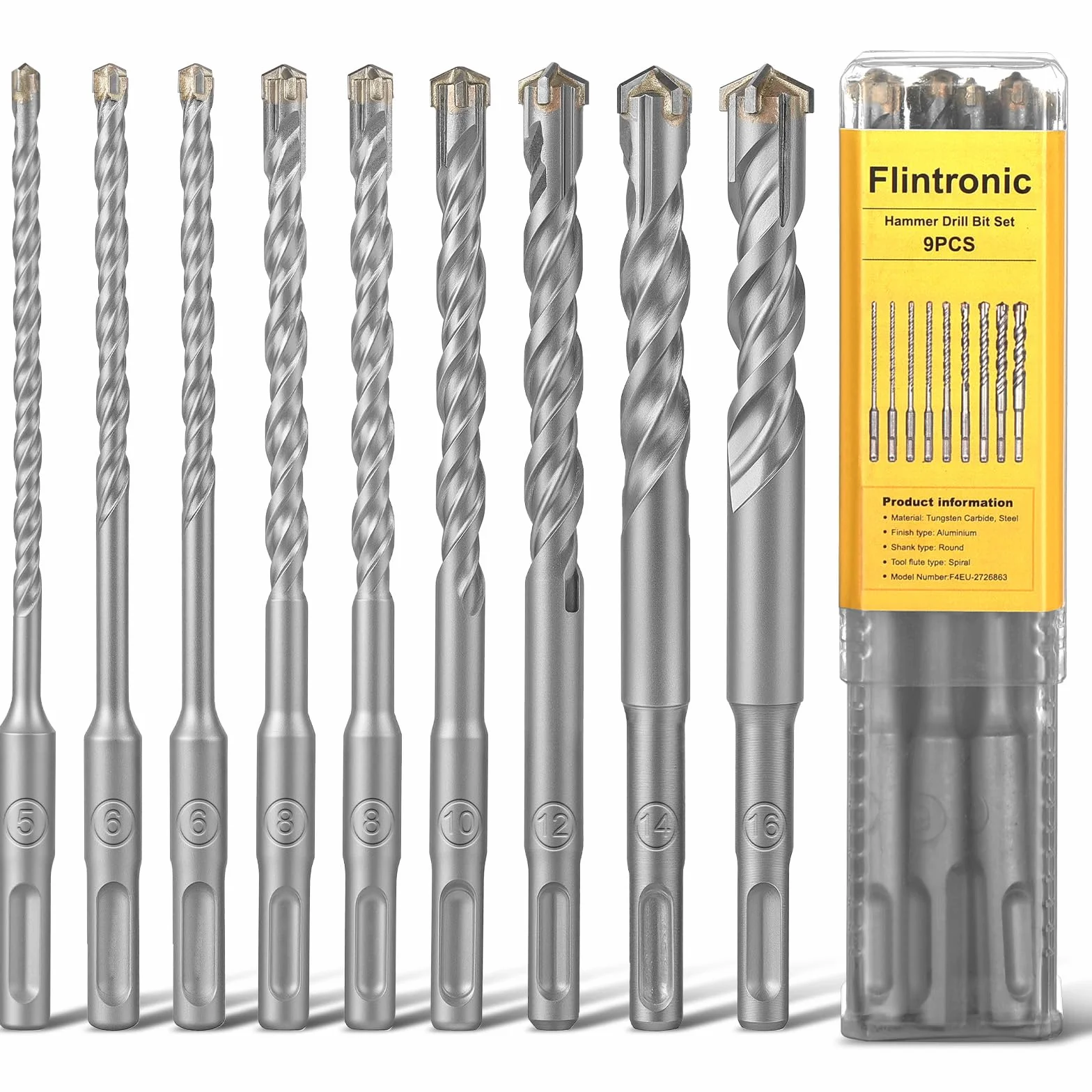 flintronic Zestaw wierteł SDS Plus, 9 wierteł do betonu, zestaw wierteł z 4 ostrzami, wiertło udarowe, wiertła do kamienia SDS, (5, 6, 6, 8, 8, 10, 12, 14, 16) x 160 mm, narzędzia do wiercenia w