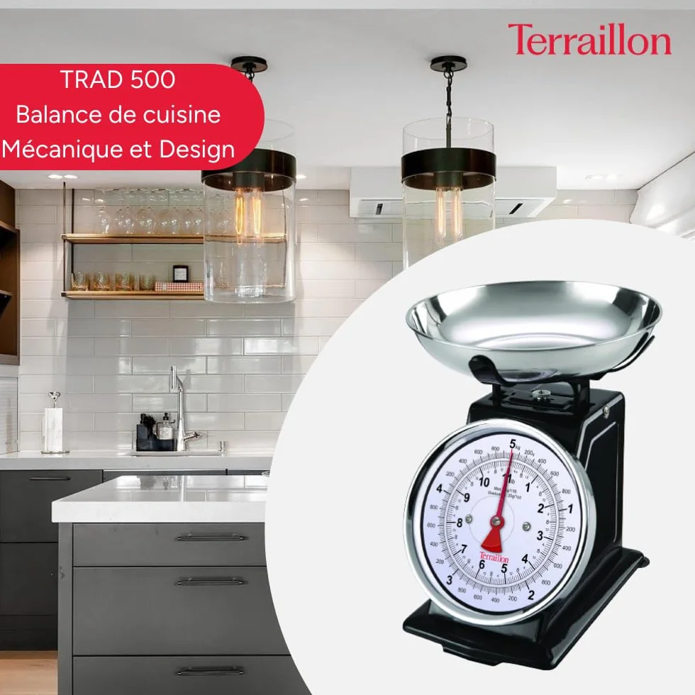 Terraillon Tradycyjna waga kuchenna, ręczna tara, duża tarcza, pojemność 5 kg, tradycja 500 - czarna
