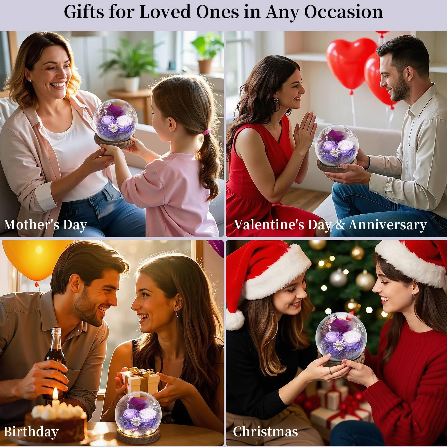 Emibele Mother's Day Eternal Rose Gifts for Mom, Preserved Real Rose in Glass Dome with LED Light for Decoration, Flowers for Delivery Prime, Gifts for Women Wife Her on Birthday Anniversary, Purple