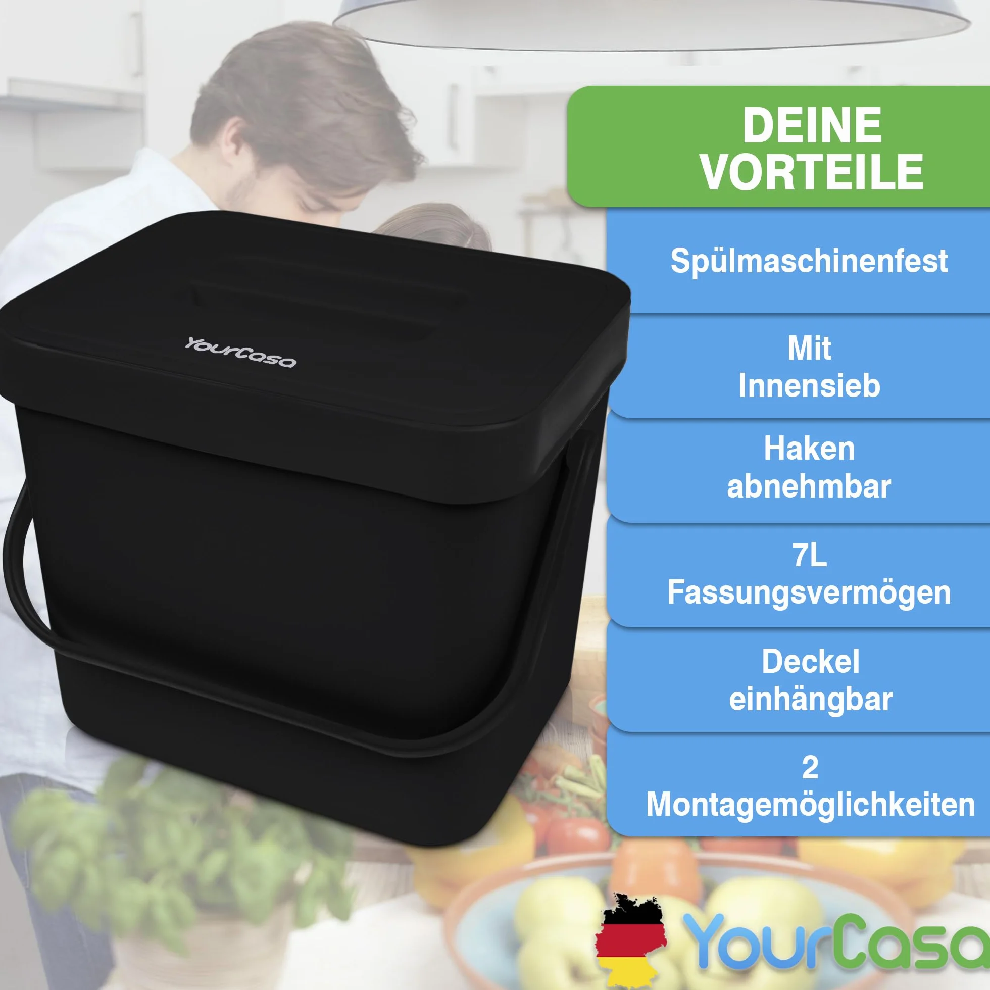 YourCasa Kosz na odpady organiczne do kuchni, 7 l, kosz na kompost do zawieszenia na sitku, nadaje się do mycia w zmywarce, kosz na odpady organiczne, mały kompostownik kuchenny, wiadro ekologiczne