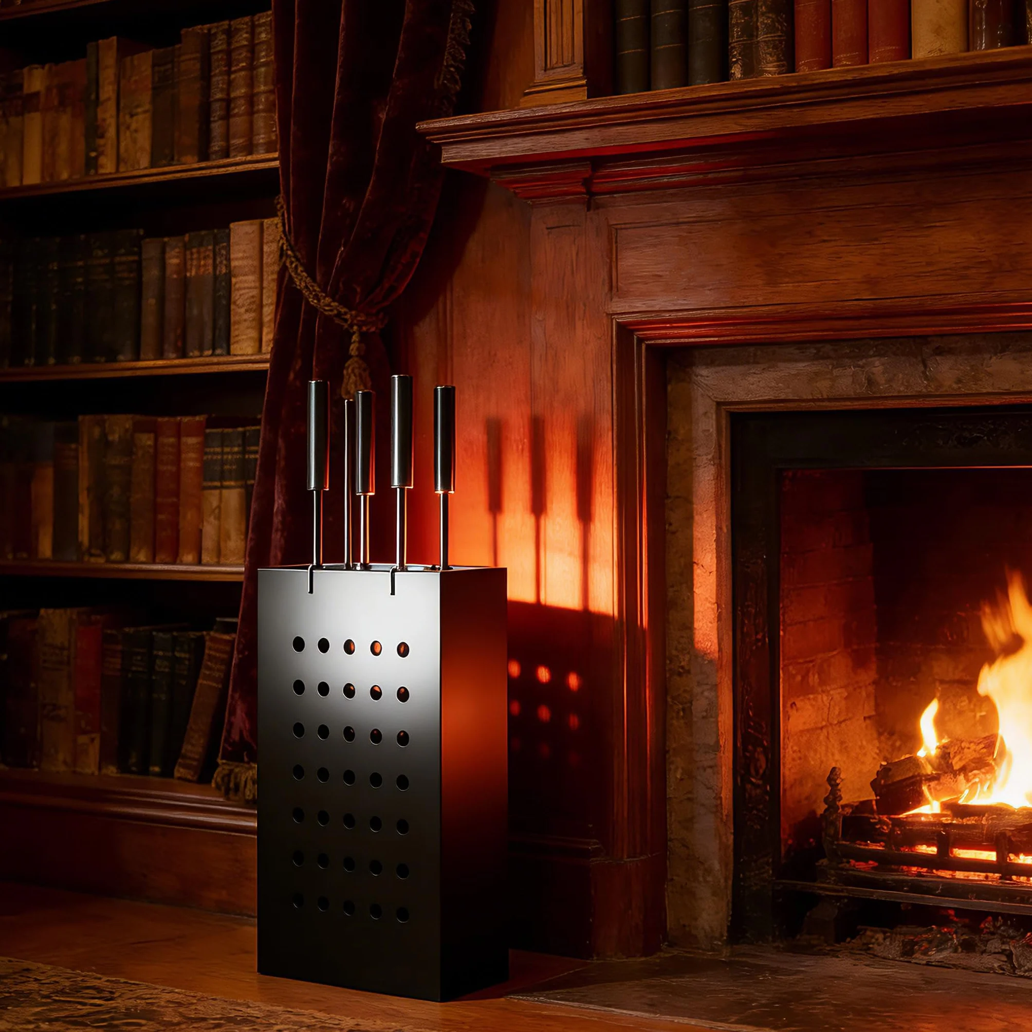 Kingson Zestaw kominkowy Black Iron z prostokątnym wiadrem na popiół, 4 narzędzia do zawieszania (poker, szczotka, łopata, szczypce), kompaktowy zestaw narzędzi kominkowych do palników na drewno