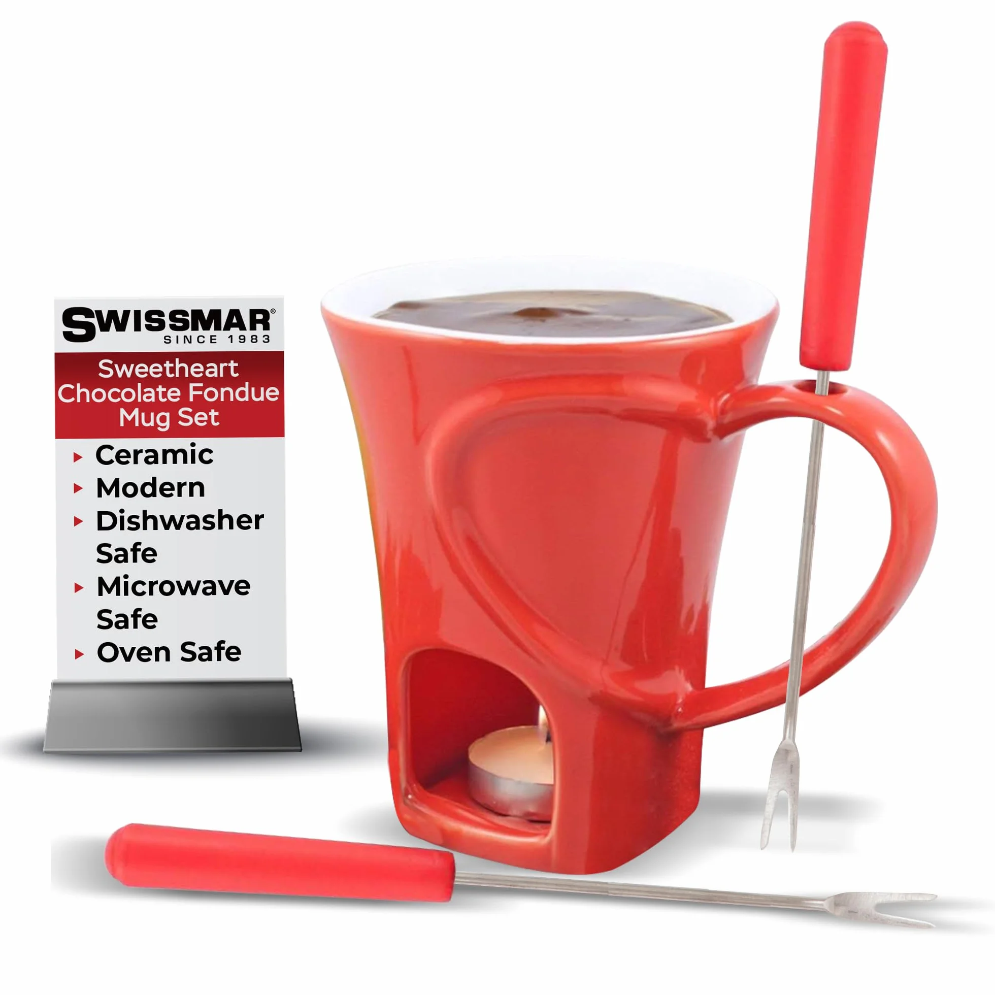 Zestaw 4 sztuk Sweetheart Ceramic/Czekoladowe Fondue ze stali nierdzewnej, czerwony, 120 ml, świeca tealight, zmywarka do naczyń, pudełko upominkowe