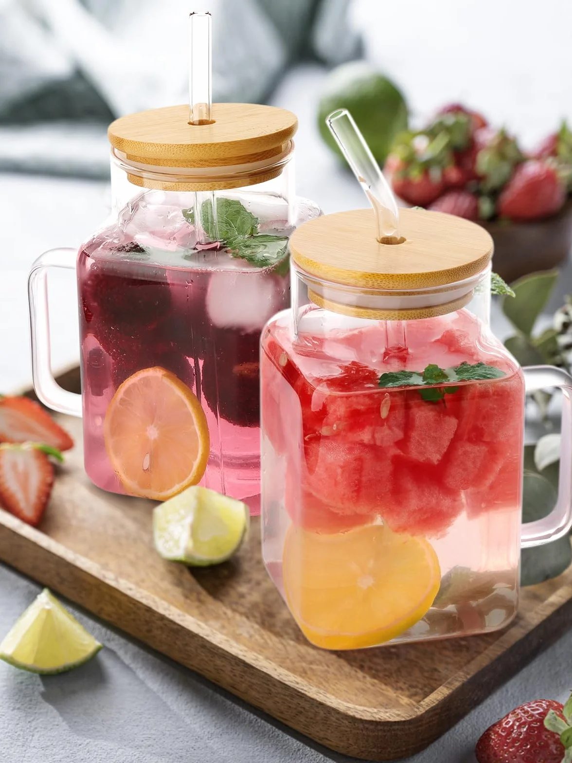 2 Sztuki Szklanki ze Słomką, Szklanka do Piwa 600 ml, Kwadratowa Szklana, Szkło Borokrzemowe, z Bambusową Pokrywką, do Wody, Koktajli Mlecznych, Soków, Koktajli, Piwa, Sody