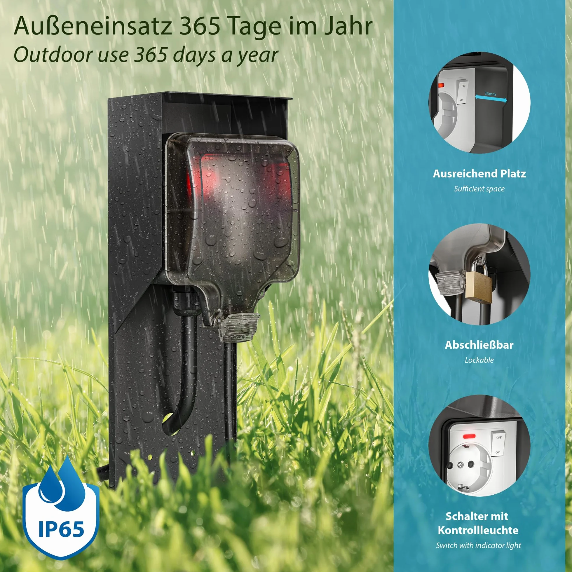 ledscom.de Słupek ogrodowy POXO z kolcem uziemiającym do zastosowań zewnętrznych, IP65, pojedynczy, stal nierdzewna, czarny, kwadratowy, 40 cm