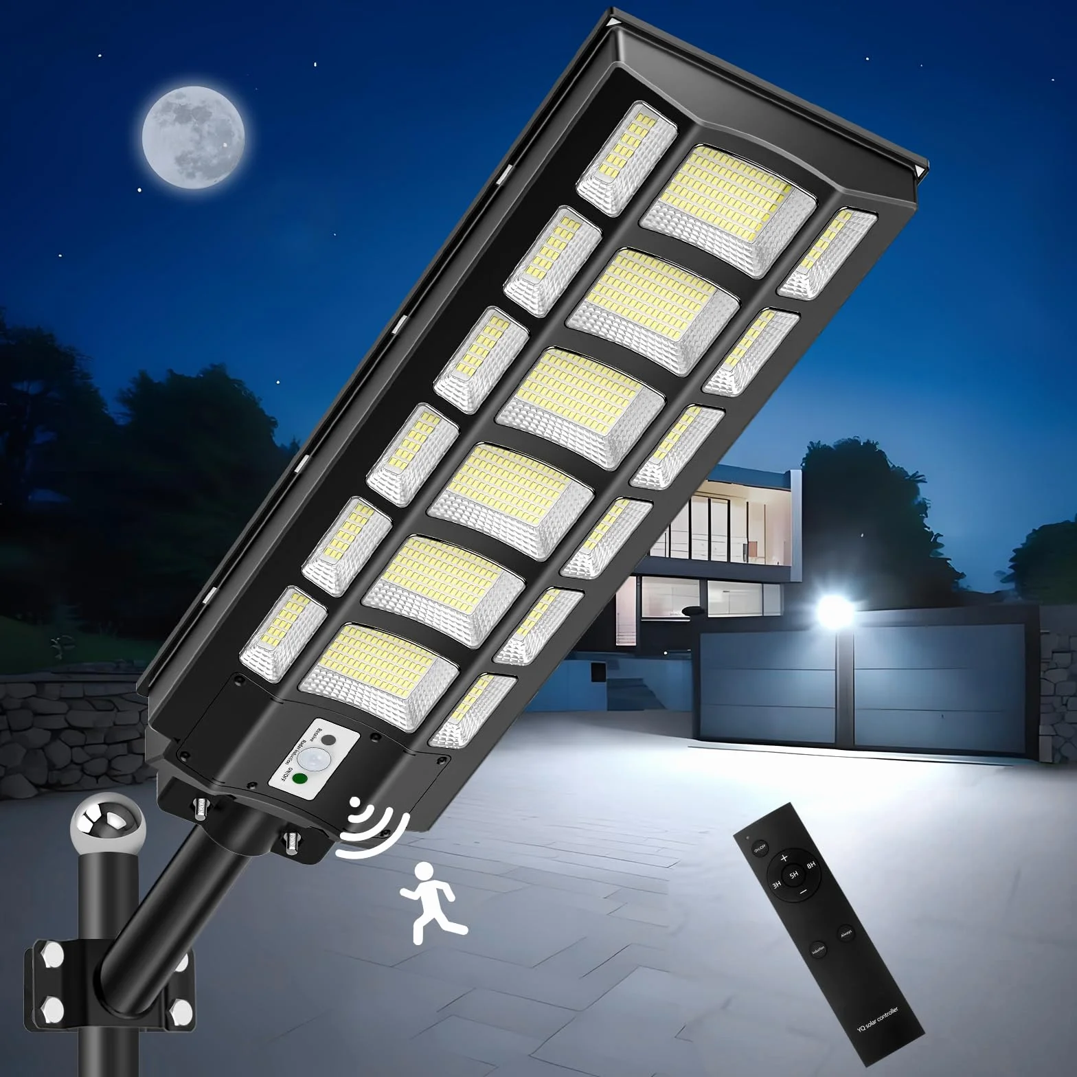 Solarna lampa uliczna LED z pilotem zdalnego sterowania, 1200 W, 6500 K, z czujnikiem ruchu, od zmierzchu do świtu, klasa wodoszczelności IP67, wodoszczelna lampa uliczna do ulicy, garażu