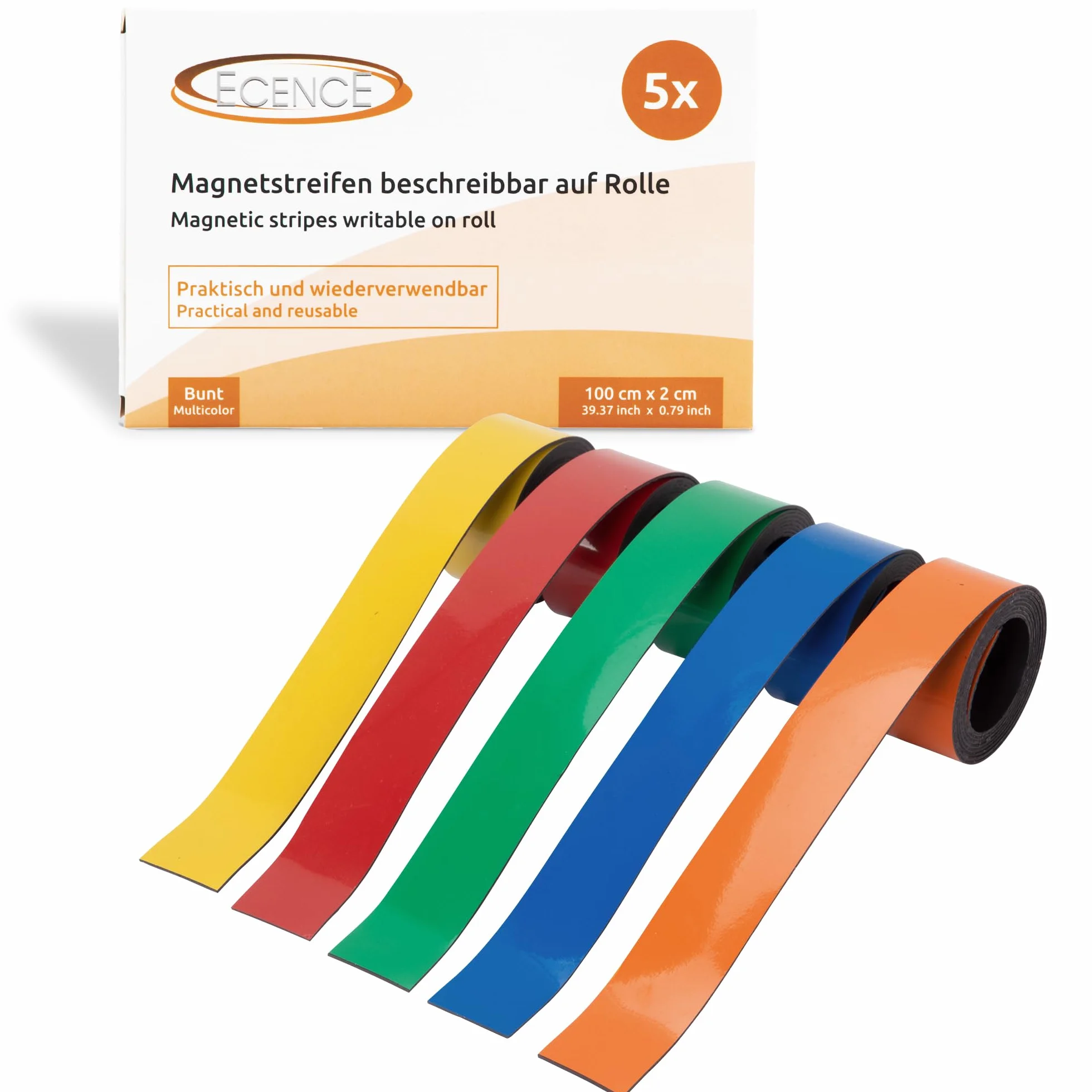 ECENCE 5x Taśma magnetyczna z możliwością zapisu Pasek magnetyczny do wielokrotnego użytku, taśma znakująca do gospodarstwa domowego, biura, kuchni, warsztatu 100x2cm