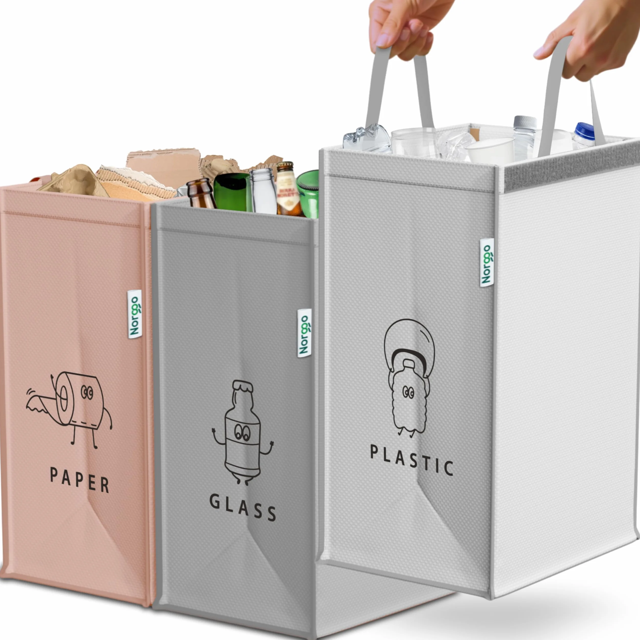 Kosze do segregacji odpadów – Zestaw 3 × 40L na plastik, papier i szkło – Trwały kosz recyklingu – Kolorowe torby recyklingu – Kosz do segregacji z 3 komorami
