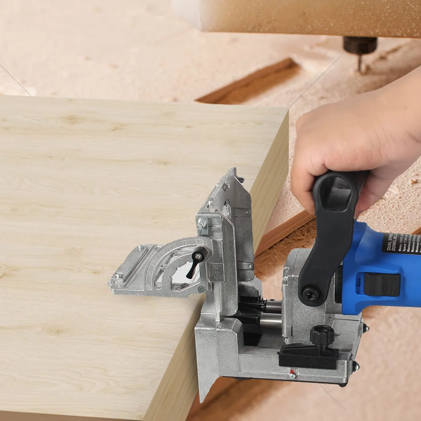 Łącznik do płyt z podwójnym wrzecionem DJ710, 710W 230 V 50 Hz, wtyczka UK/DE, łącznik do płyt drewnianych, wrzeciona 2X10 mm, 2X8 mm i 2X6 mm, 80 kołków