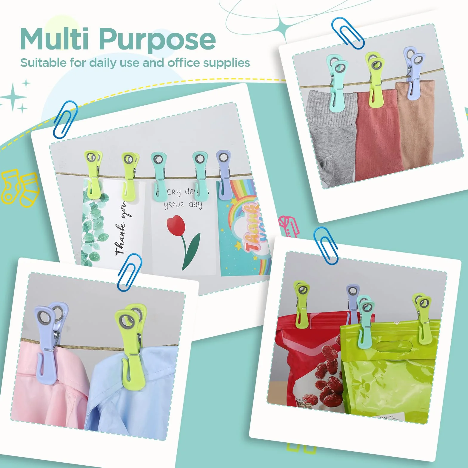 Cozary 30 sztuk klamerek do prania z haczykiem, stabilne plastikowe ubrania kołki z okrągłymi otworami, wielokolorowy niebrudzący klips do bielizny spodnie T Shirts pończochy pluszowe zabawki