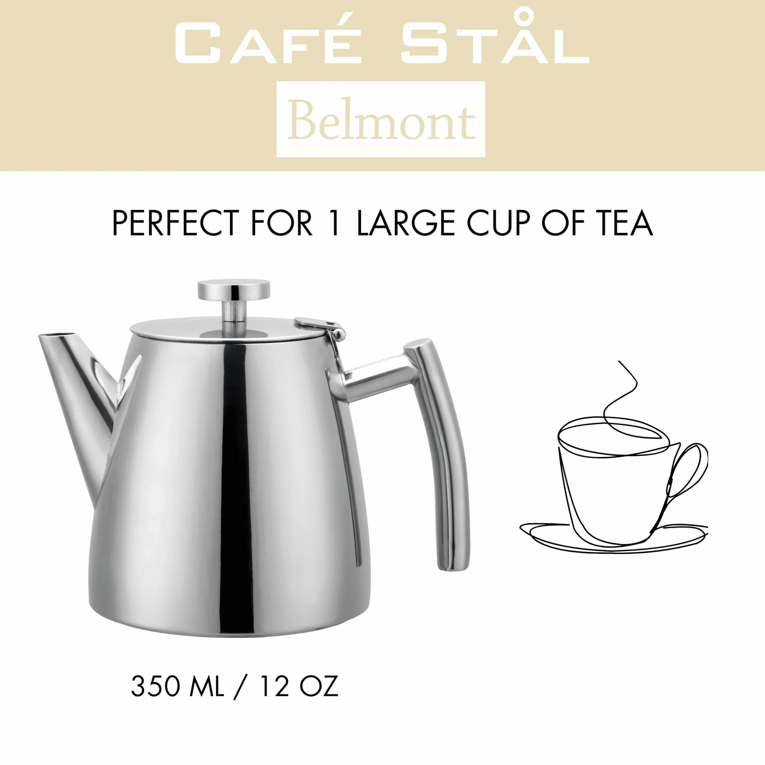 Café Stal Belmont dzbanek na herbatę ze stali nierdzewnej z podwójną ścianką z pokrywą na zawiasach, lustrzane wykończenie, 350 ml / 0,35 l, HTP-03DW