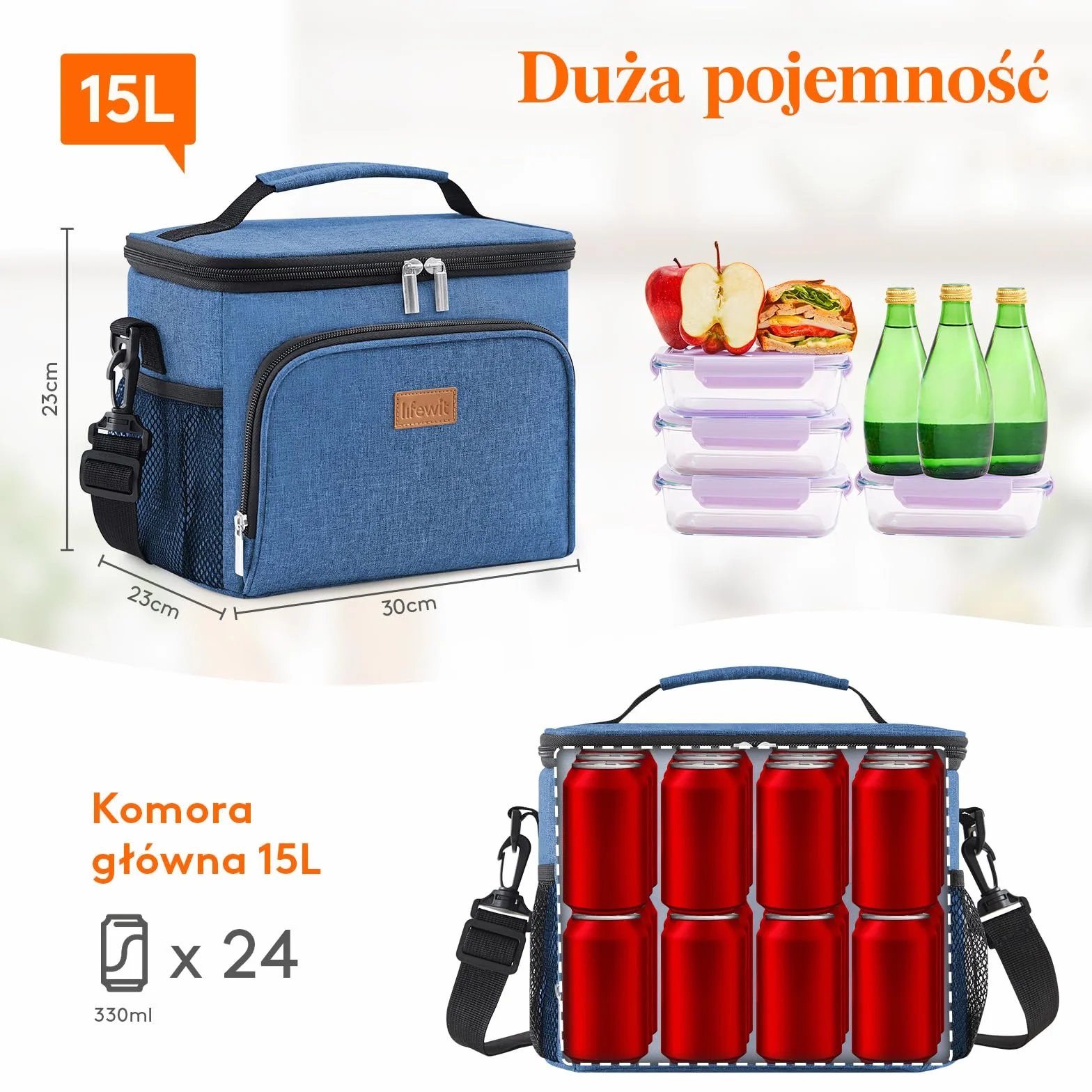 Lifewit Torba na Lunch Termiczna, Torba Termiczna dla Mężczyzn i Kobiet, Wielokrotnego Użytku Lunch Bag, z Regulowanym Paskiem na Ramię dla Dorosłych do Pracy Pikniku, Granatowy, 15L
