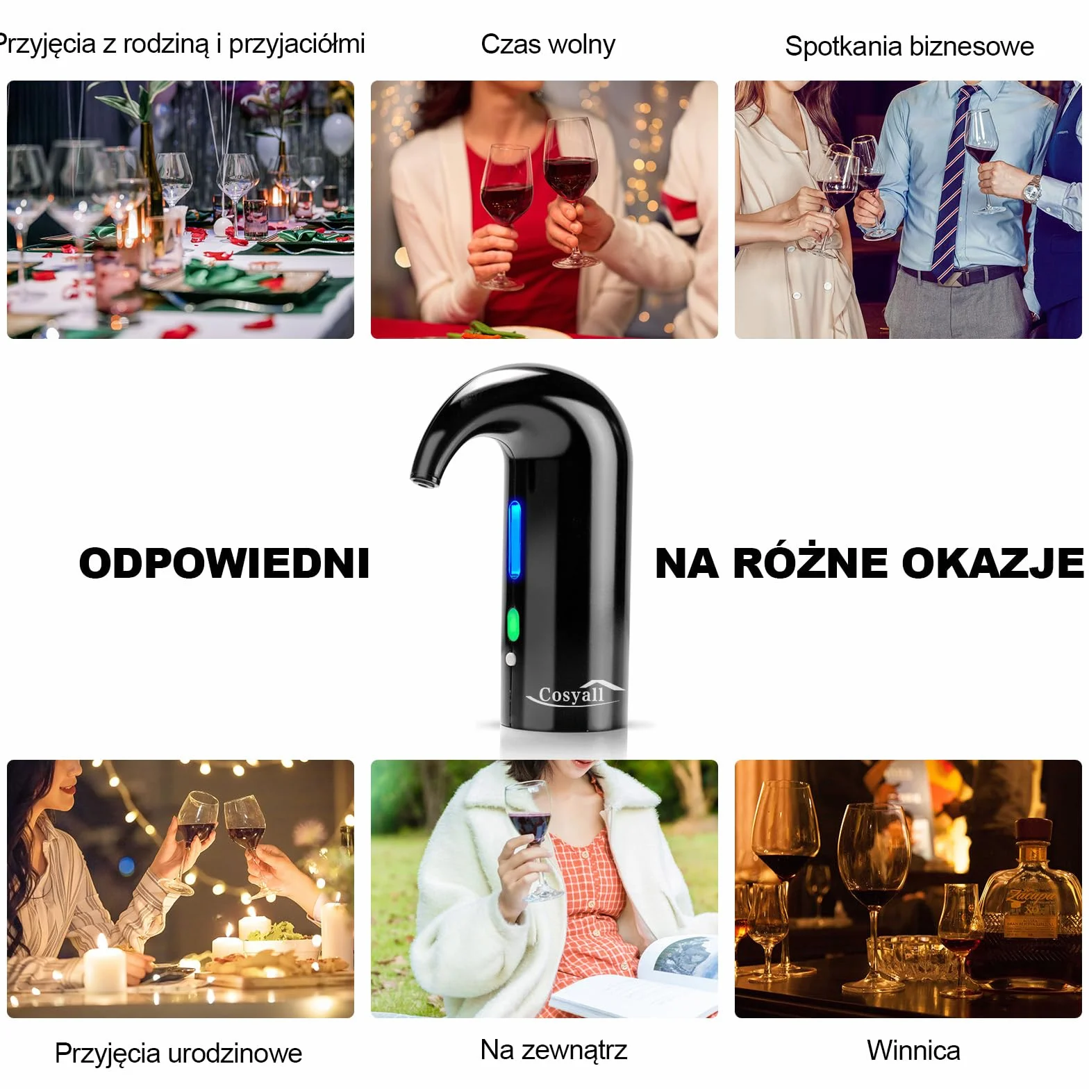 Elektryczny napowietrzacz do wina, inteligentny automatyczny dozownik wina, najlepsza karafka do wina dla rodziny i na imprezę (Czarna)