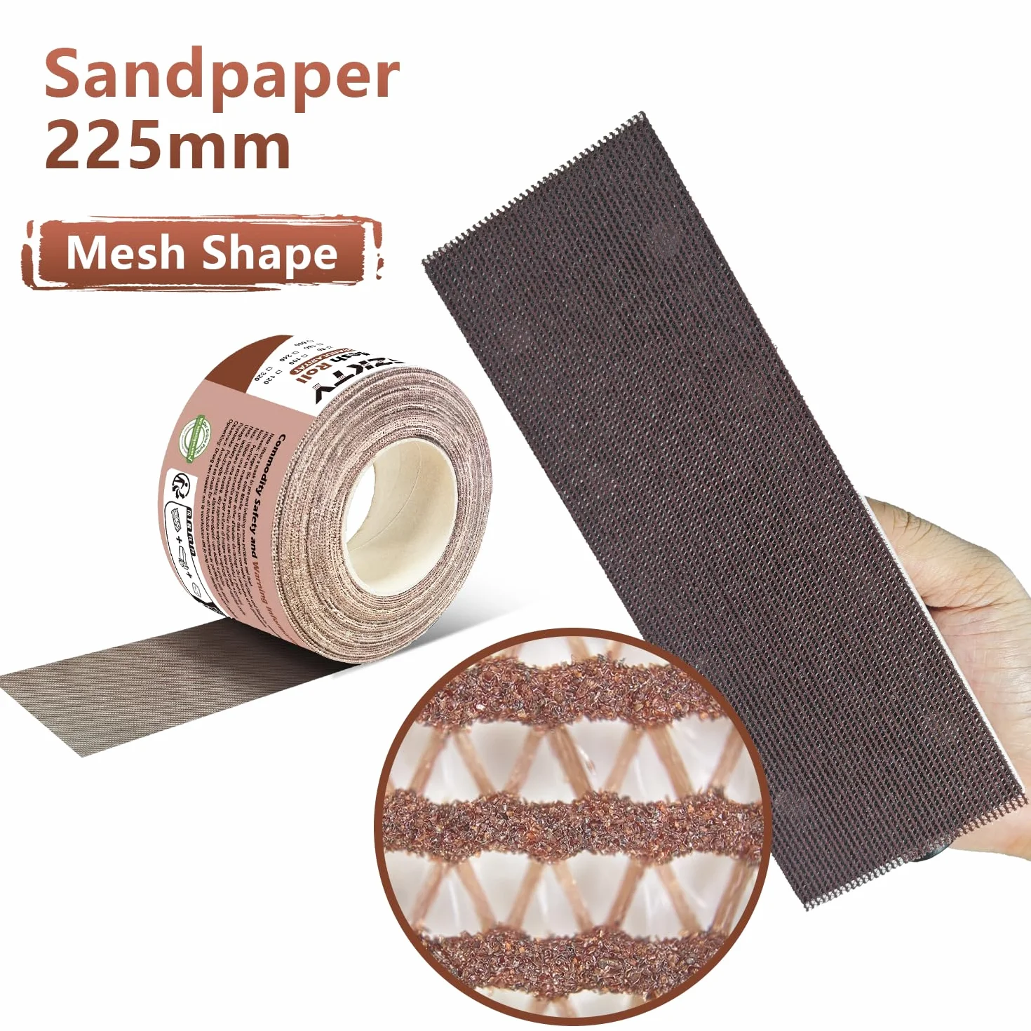 Rulo z papieru ściernego z siatką, 70 mm x 10 m, ziarnistość P150, łączenie z 70mm szerokim ręcznym szlifierkiem, siatka szlifierska do drewna, metalu, ściany
