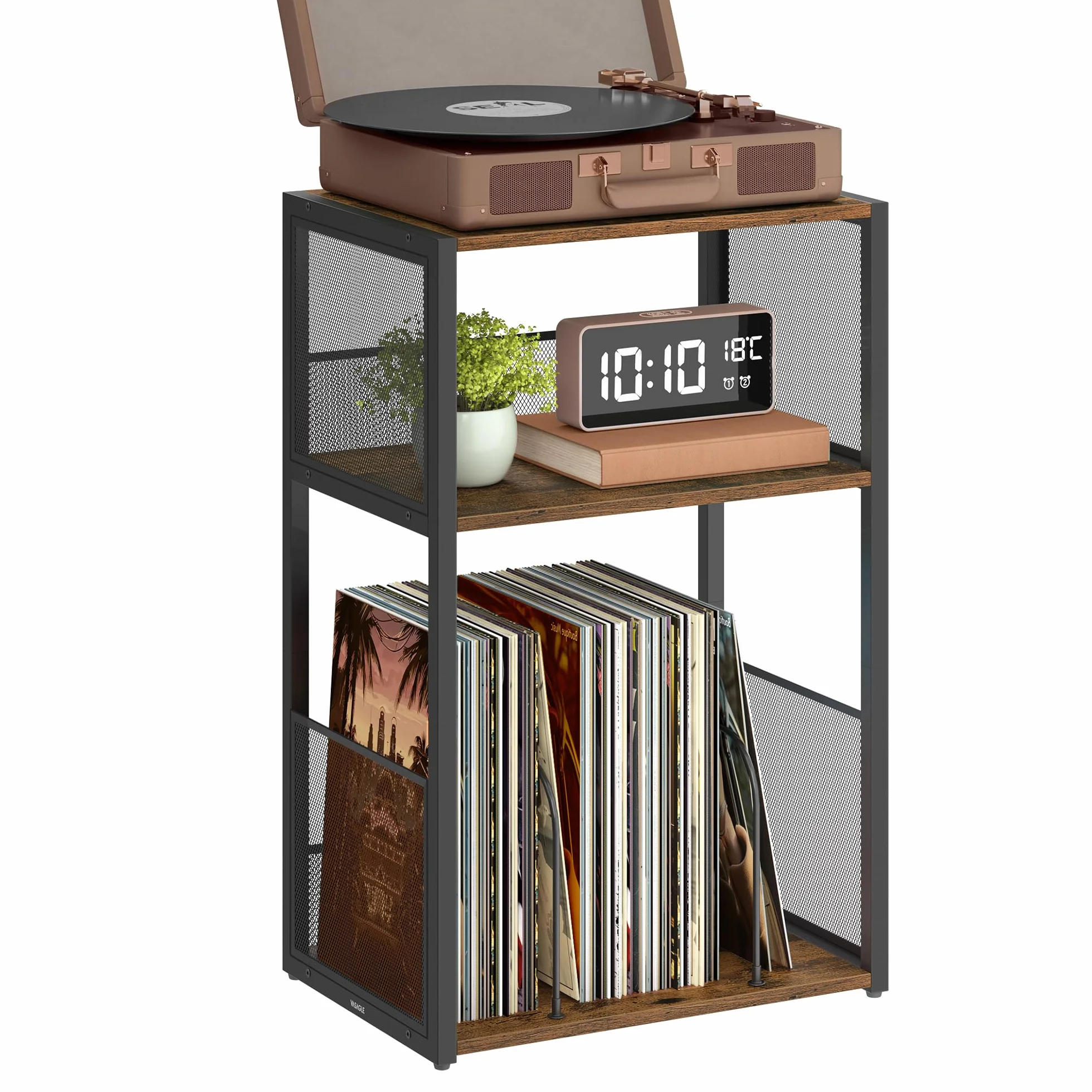 VASAGLE Stojak na gramofon, 3-poziomowy stolik boczny, przechowywanie płyt winylowych do 100 albumów, stolik końcowy do salonu, sypialni, rustykalny brązowy LET275K01