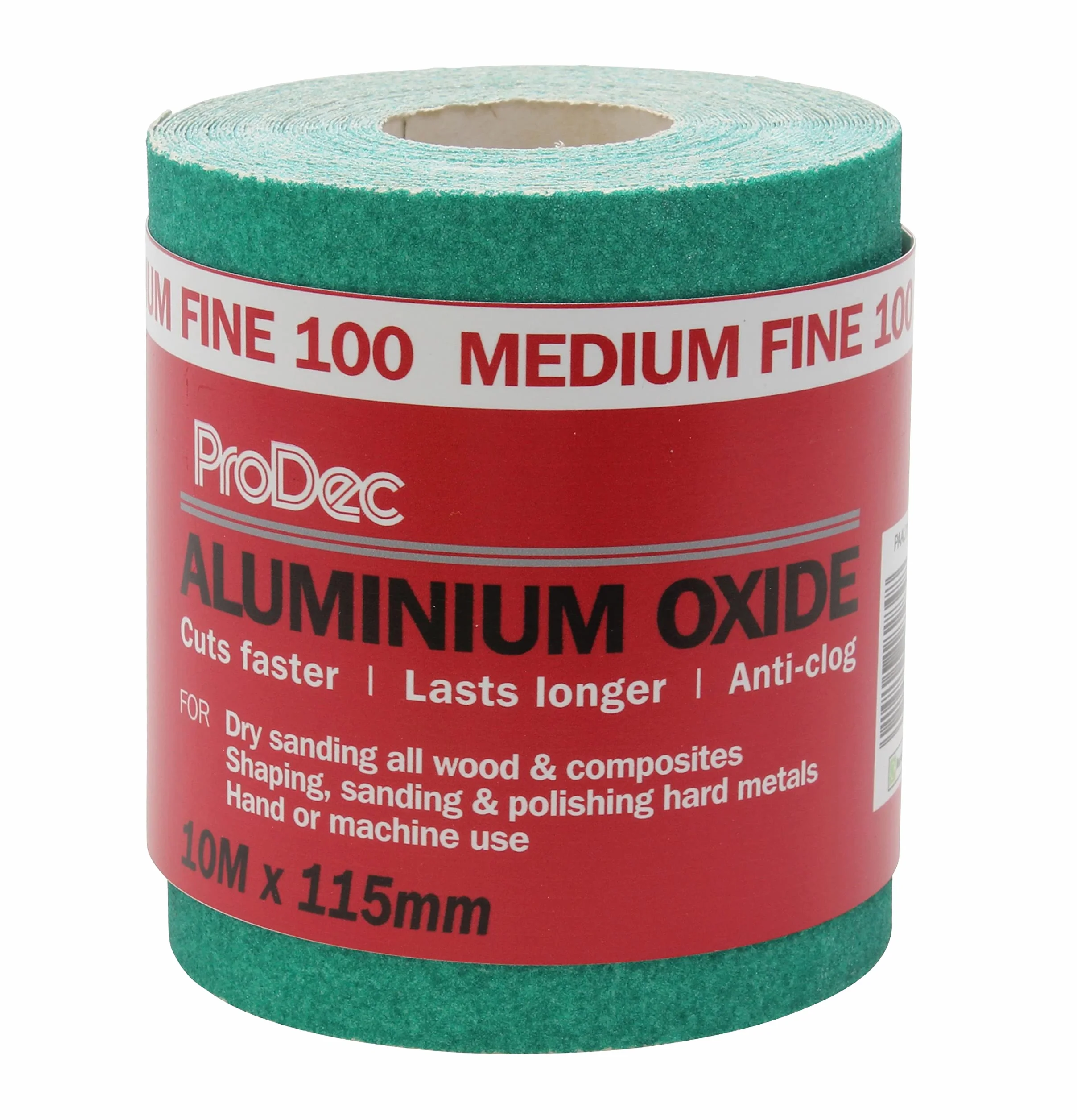ProDec 10 m rolka 100 g średniodrobnoziarnistego zielonego papieru ściernego z tlenkiem glinu do szlifowania drewna, farb, tynku, szpachli, metalu i innych materiałów, szerokość 115 mm
