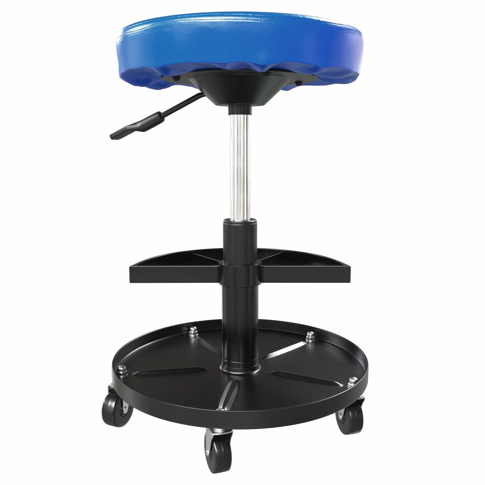 HASKYY stołek rolkowy niebieski I Stołek warsztatowy z regulacją wysokości, obrotowy o 360° I Ø 38,5 cm, 2 półki I 390-520 mm