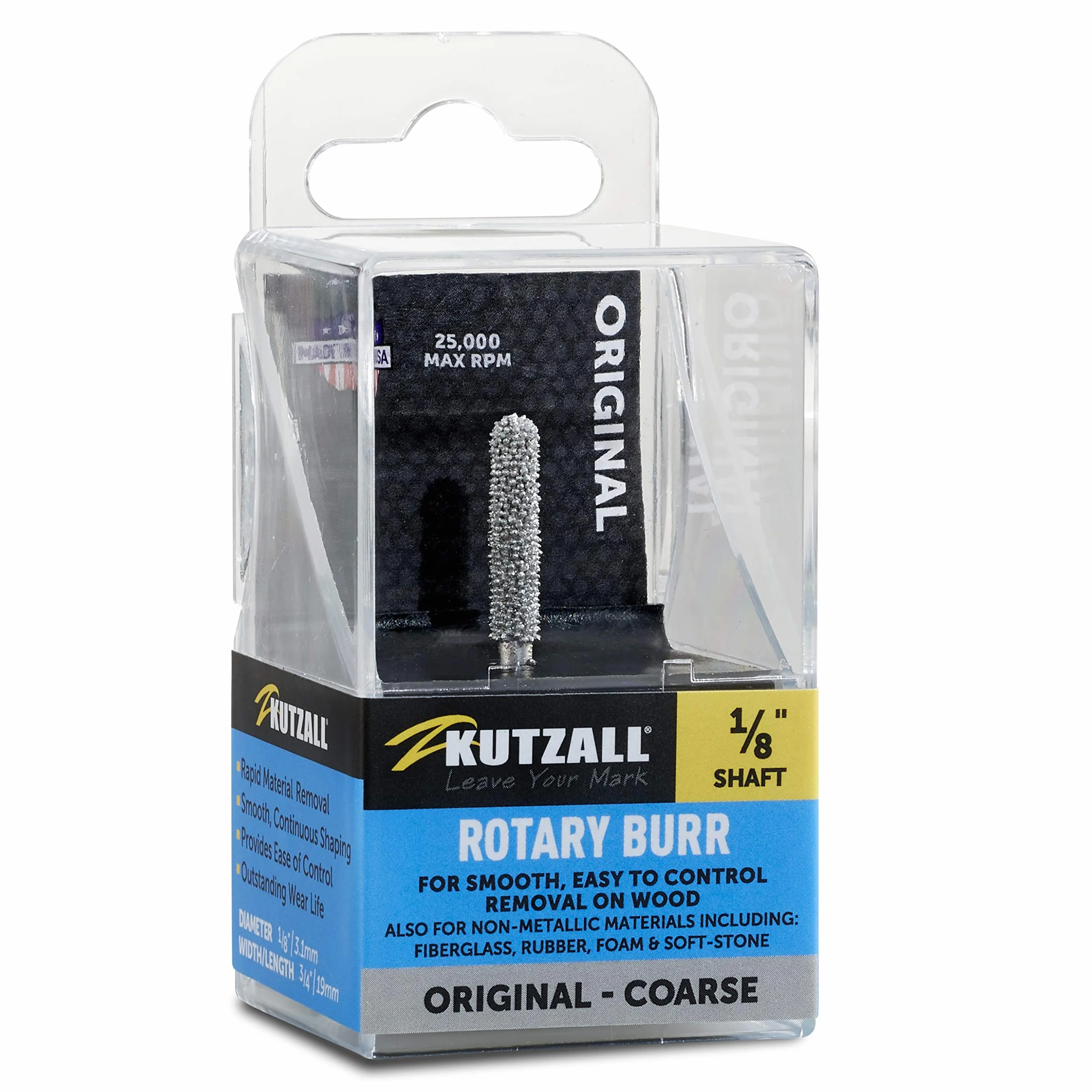 Kutzall Original Ball Nose Rotary Burr, 1⁄8" Shaft, Coarse - Woodworking Attachment for Dremel, Foredom, DeWalt, Milwaukee. Abrasive Tungsten Carbide, 1⁄8" (3.1mm) Dia. X 7⁄8" (22.2mm) Length, BN-18-E