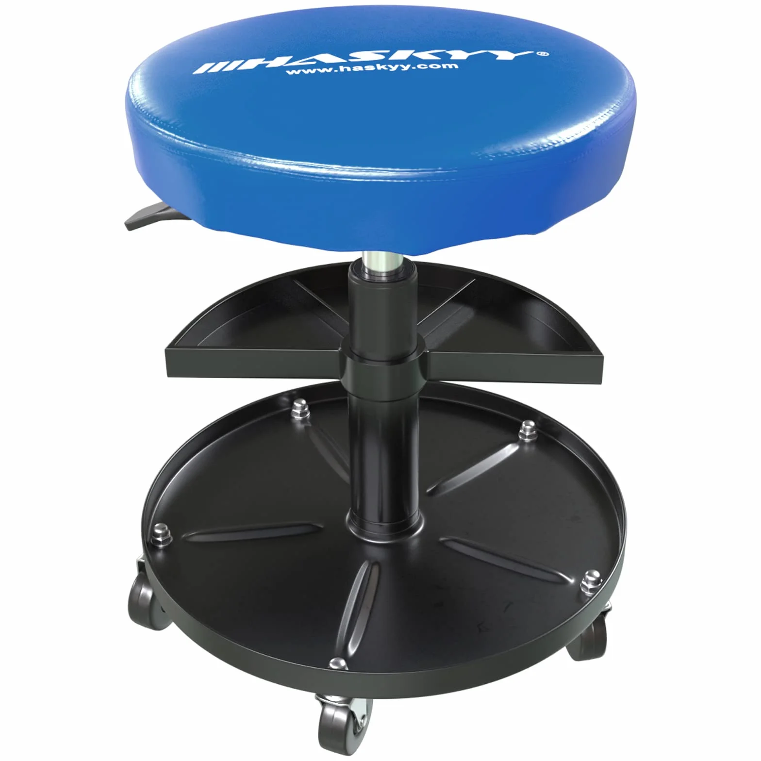 HASKYY stołek rolkowy niebieski I Stołek warsztatowy z regulacją wysokości, obrotowy o 360° I Ø 38,5 cm, 2 półki I 390-520 mm