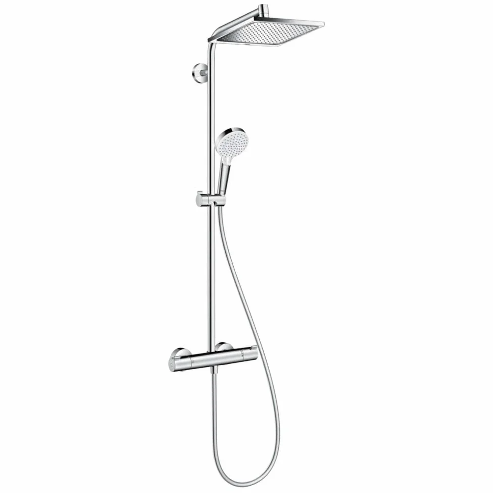 hansgrohe Crometta E - oszczędzający wodę komplet prysznicowy (EcoSmart) z termostatem, zestaw prysznicowy z główką prysznicowa, wąż, szyna i deszczownica kwadratowa (240x240mm), chrom, 27281000