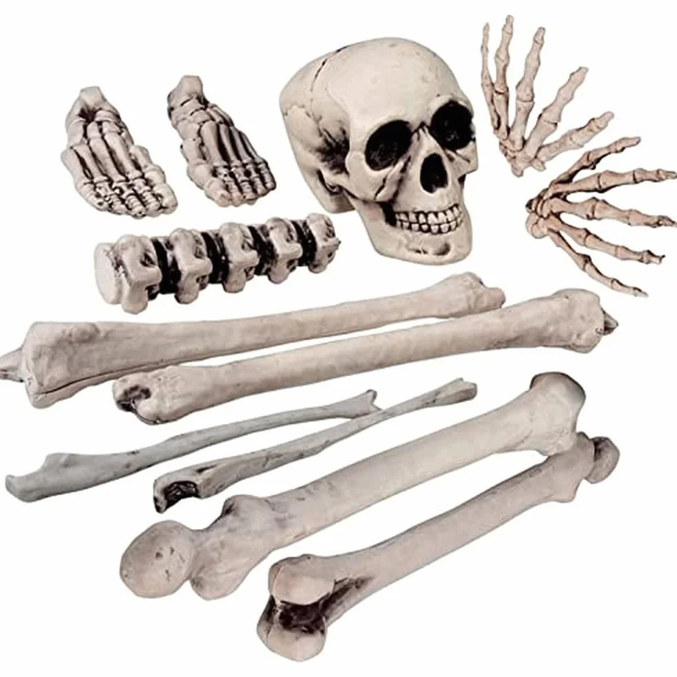 Boland 74391 - Zestaw szkieletów, 12-częściowy zestaw dekoracyjny, 1 czaszka i 11 kości z tworzywa sztucznego, dekoracja na Halloween, dekoracja na imprezę, dekoracja stołu