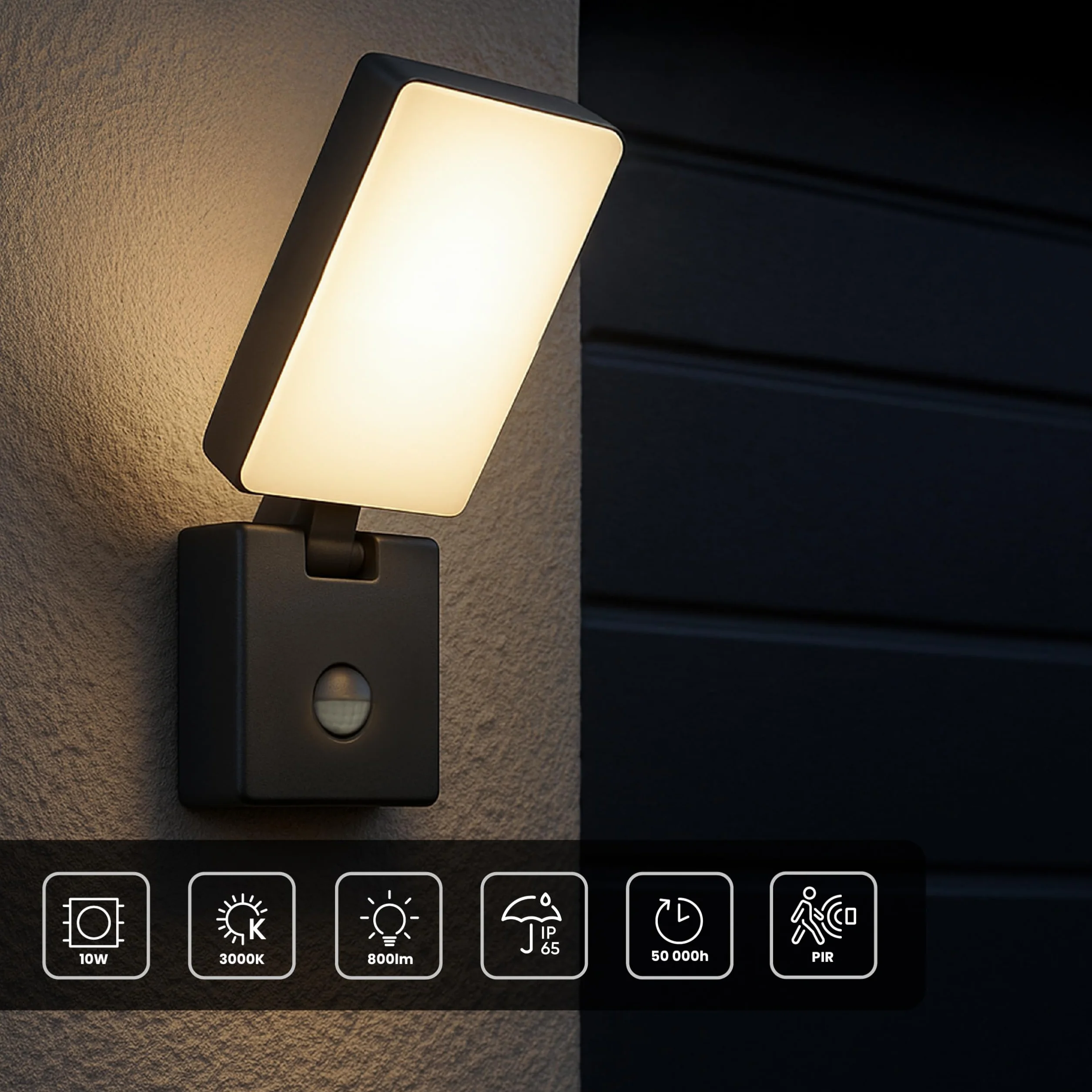 Kinkiet Zewnętrzny LED z Czujnikiem Ruchu PIR 3000K Barwa Ciepła Biel 800lm Lampa LED Zewnętrzna 10W Szeroki kąt świecenia >80° Oświetlenie Zewnętrzne na Taras Ogród Parking IP65