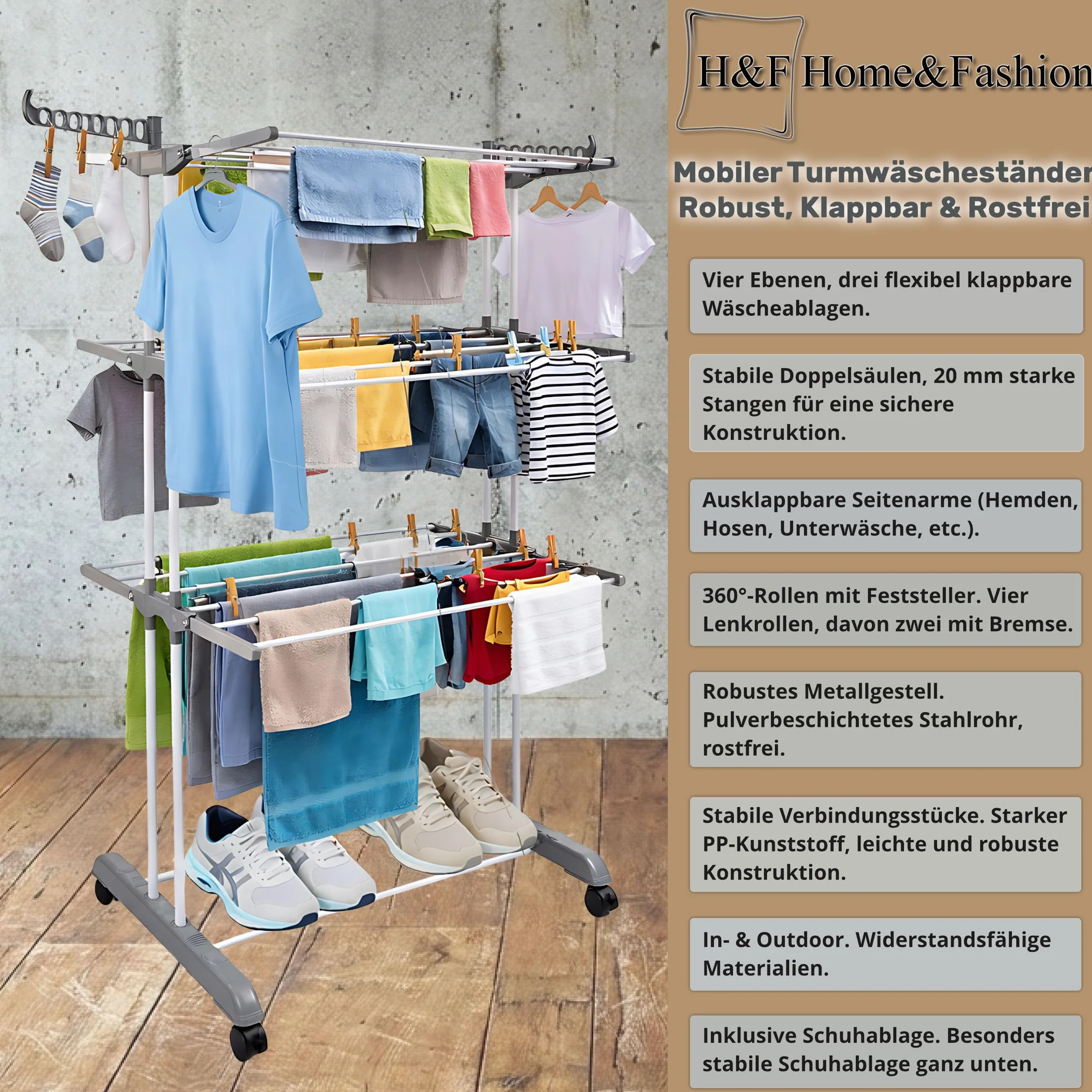 H&F Heimtextilien Wieżowa suszarka na pranie, 4 poziomy, zajmuje mało miejsca, z rolkami i hamulcem, składana wieża na pranie 72 x 64 x 170 cm, 14 wieszaków na ubrania, do 40 kg