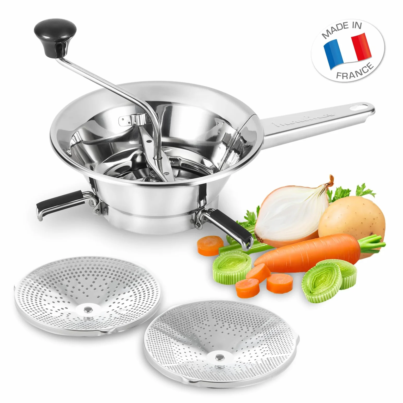 Moulinex Klasyczny ręczny młynek do warzyw ze stali nierdzewnej, mały model, łatwe mielenie, przeciery, zupy, kompoty, nadaje się do mycia w zmywarce, wyprodukowano we Francji A40106