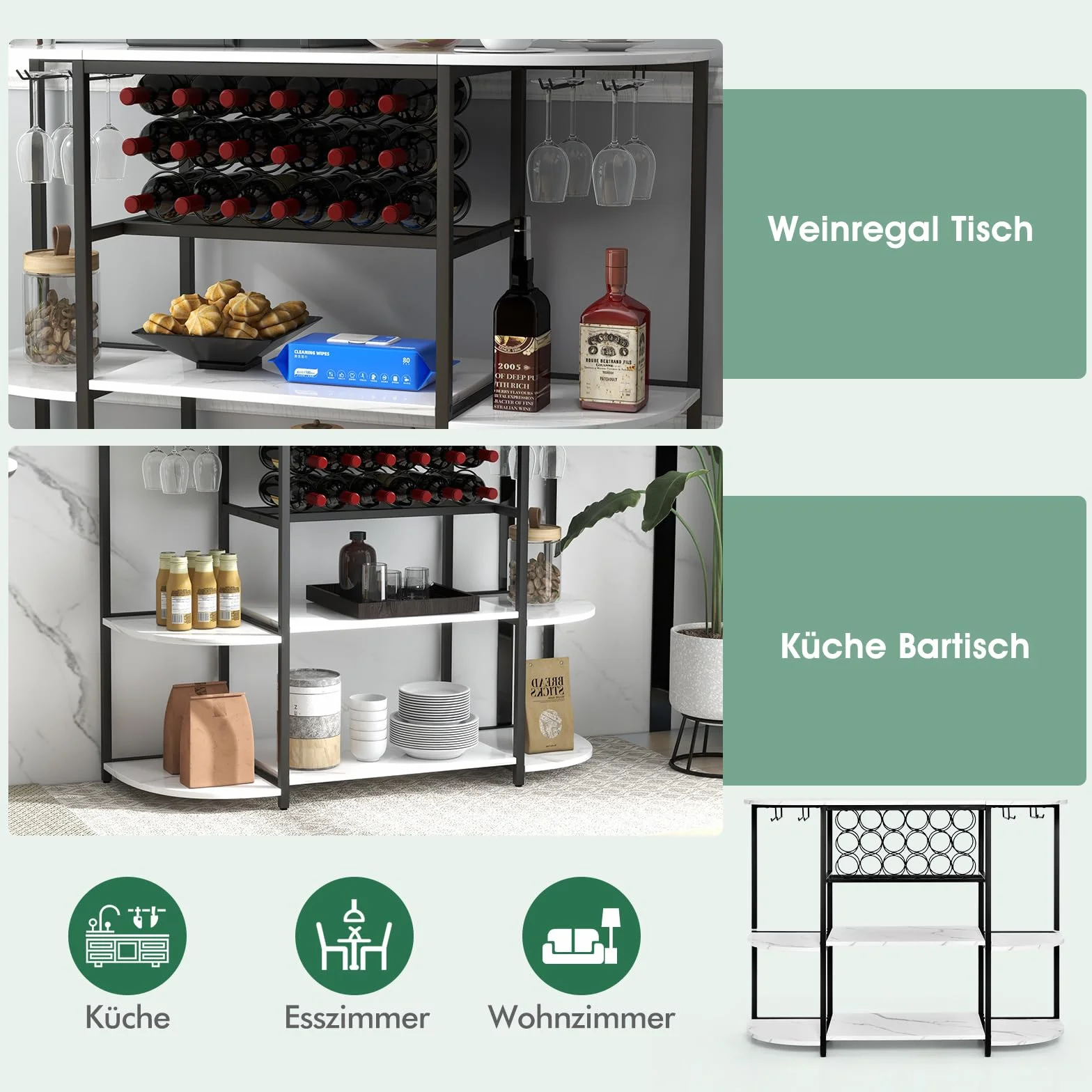 COSTWAY Stojak na wino 120 cm z uchwytem na szkło i półkami, 3-poziomowy regał na butelki na 18 butelek wina i 8 kieliszków, 120 x 40 x 91 cm (biały)