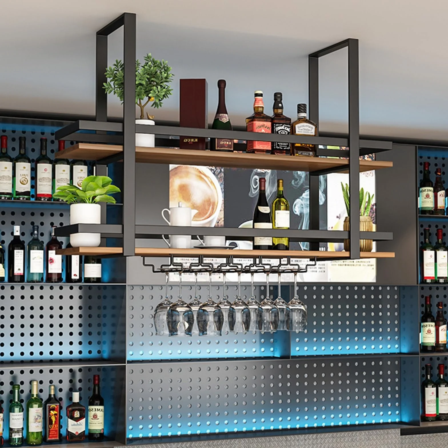 Montowany na suficie stojak na kieliszki do wina z żelazną półką ekspozycyjną na butelkę alkoholu, wielofunkcyjny, pływający organizer, półka do kuchni, 2-poziomowy, podwieszany metalowy stojak