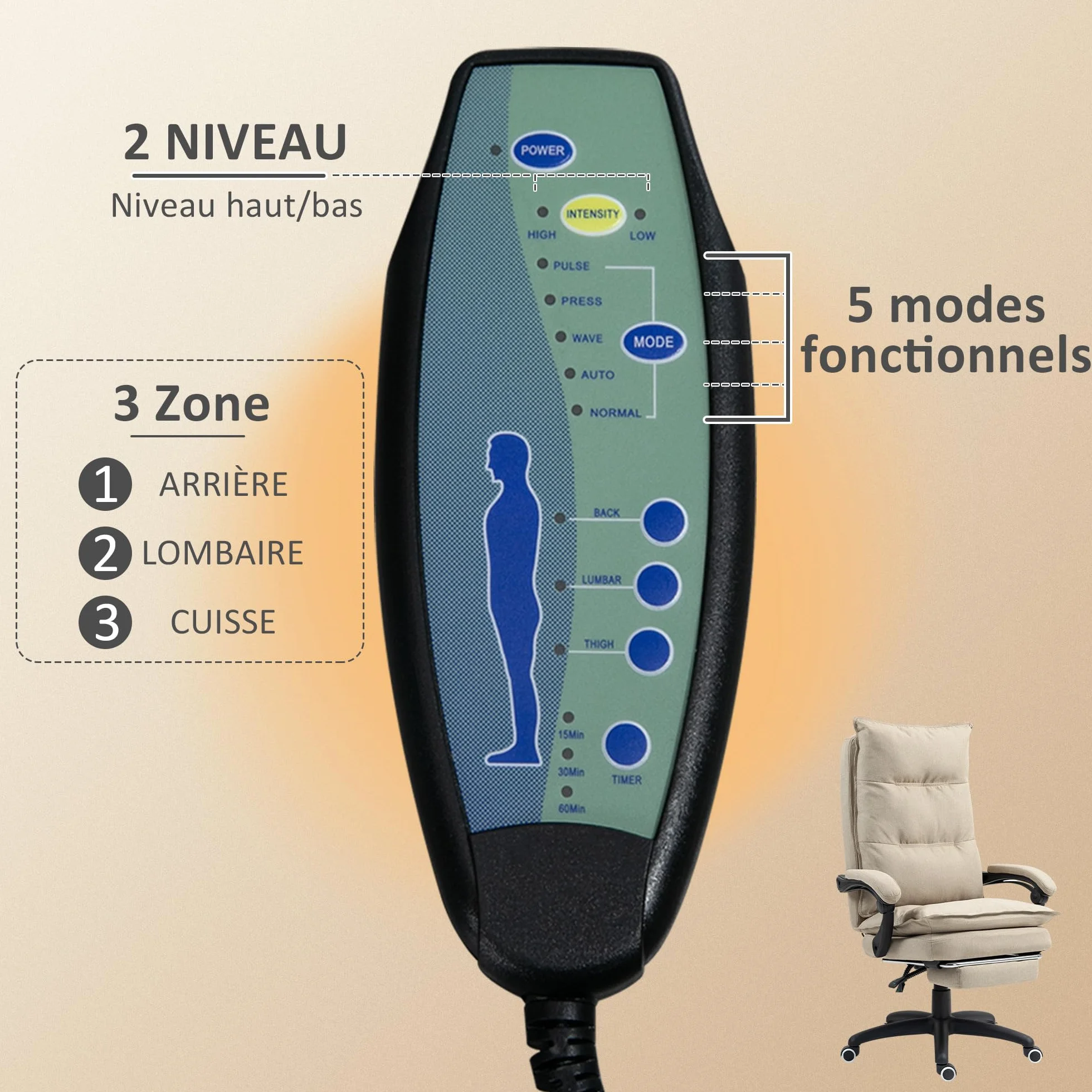 Vinsetto Fotel biurowy z funkcją masażu, krzesło biurowe, ergonomiczne krzesło z regulowaną wysokością, odchylane oparcie, zintegrowany podnóżek i kablowy pilot zdalnego sterowania, obracany o 360°