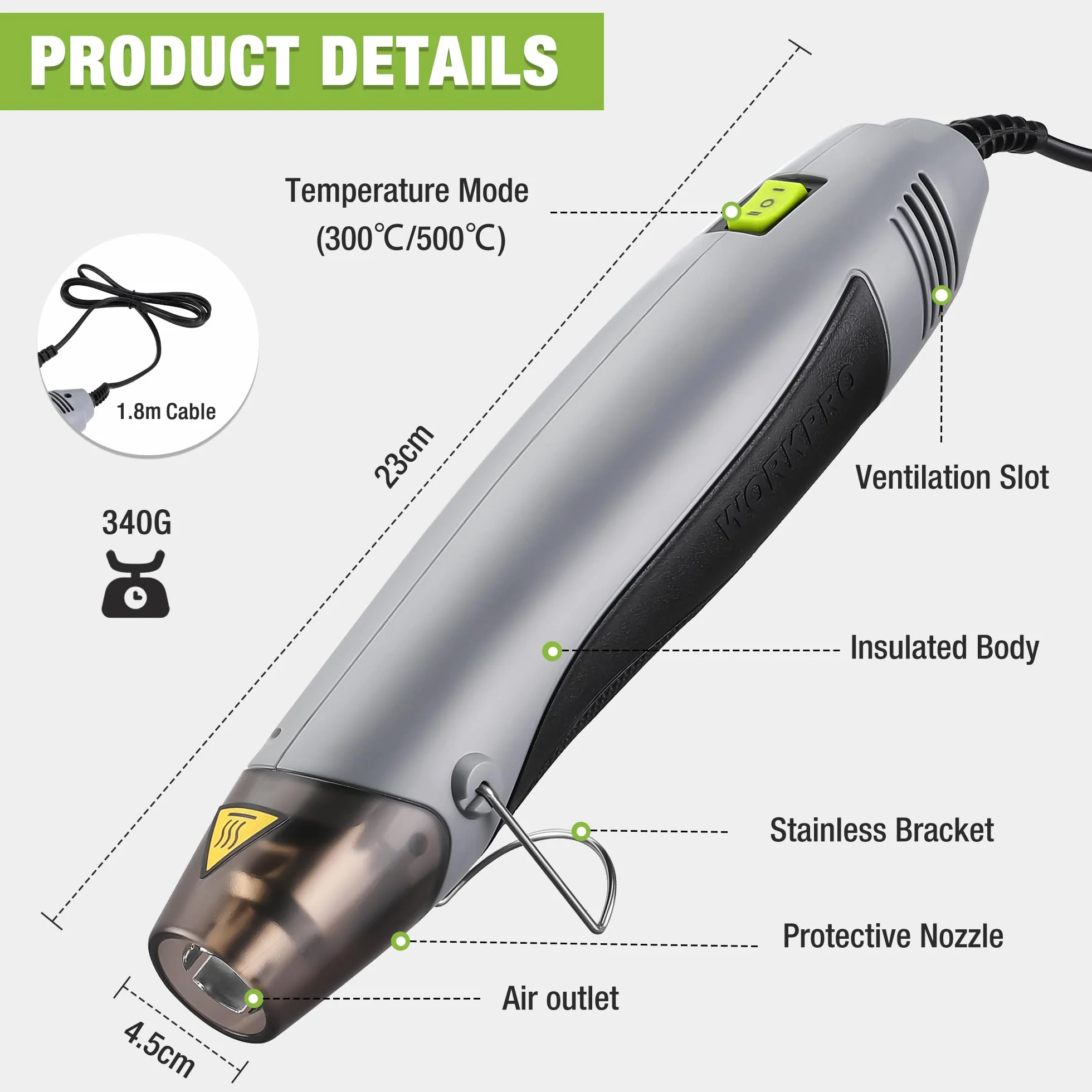 WORKPRO Mini opalarka 400 W Ręczny pistolet na ciepło z dyszą odblaskową, 2 ustawienia temperatury 300 ℃/500 ℃, idealny do wytłaczania, majsterkowania, zaciskania, pakowania i suszenia farby