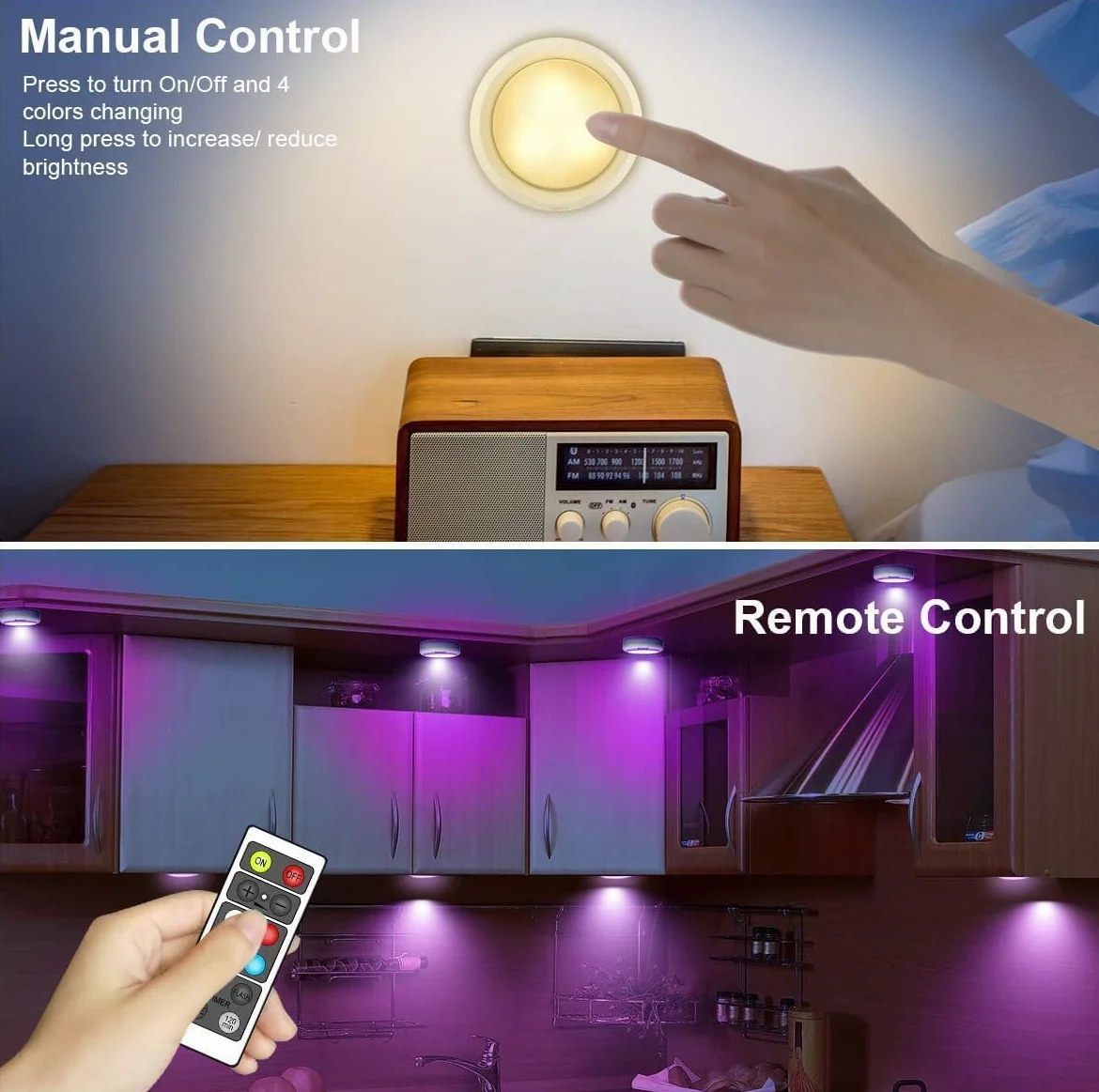 Światła krążkowe RGB, oświetlenie podszafkowe, bezprzewodowe światła LED, zasilane bateryjnie, oświetlenie podszafkowe, ściemniane, RGB lampka nocna z pilotem zdalnego sterowania, do szafki
