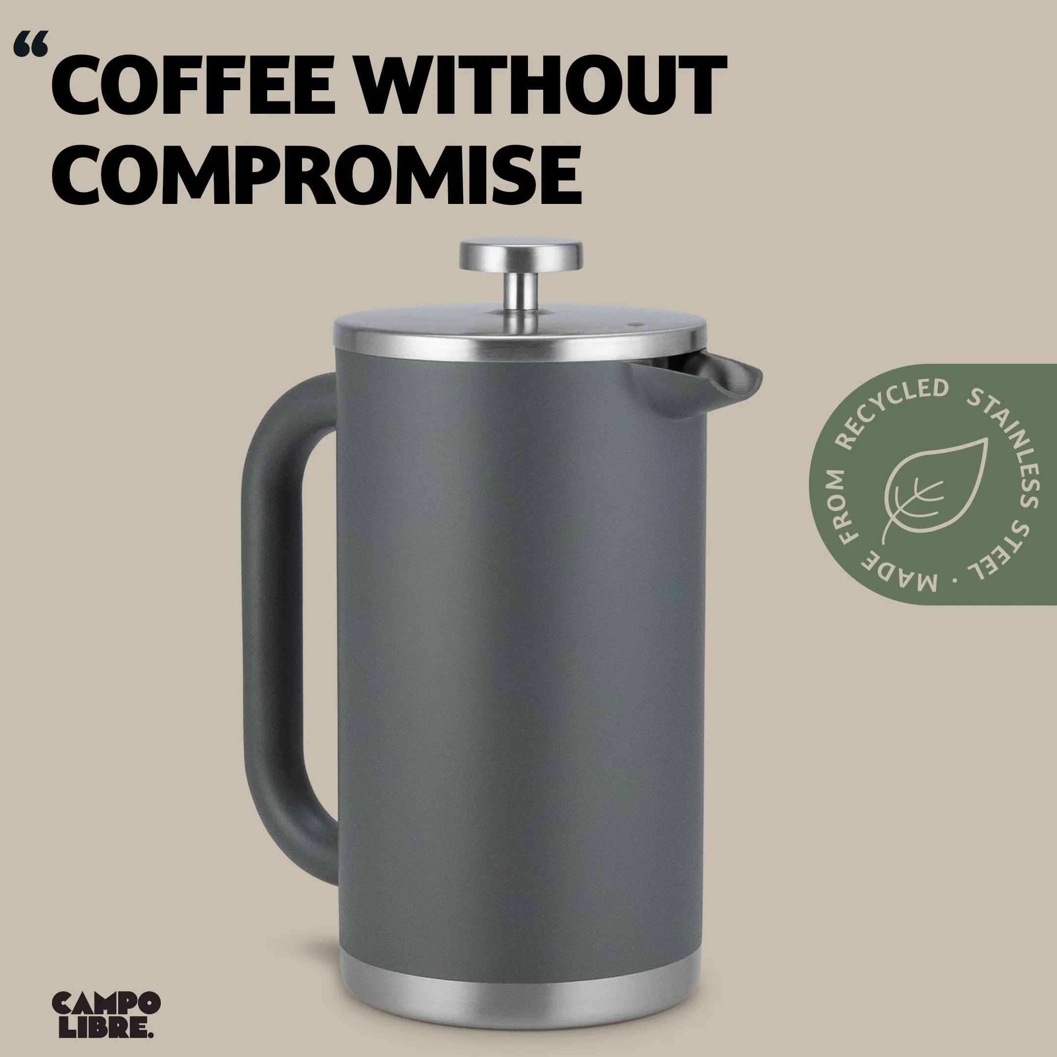 Campo Libre.® Giorgio. French Press I zaparzacz do kawy z dwuściennej stali nierdzewnej 0,6 l I bezplastikowy ekspres do kawy z funkcją termiczną z filtrem zapasowym I zaparzacz do kawy I 100% stal