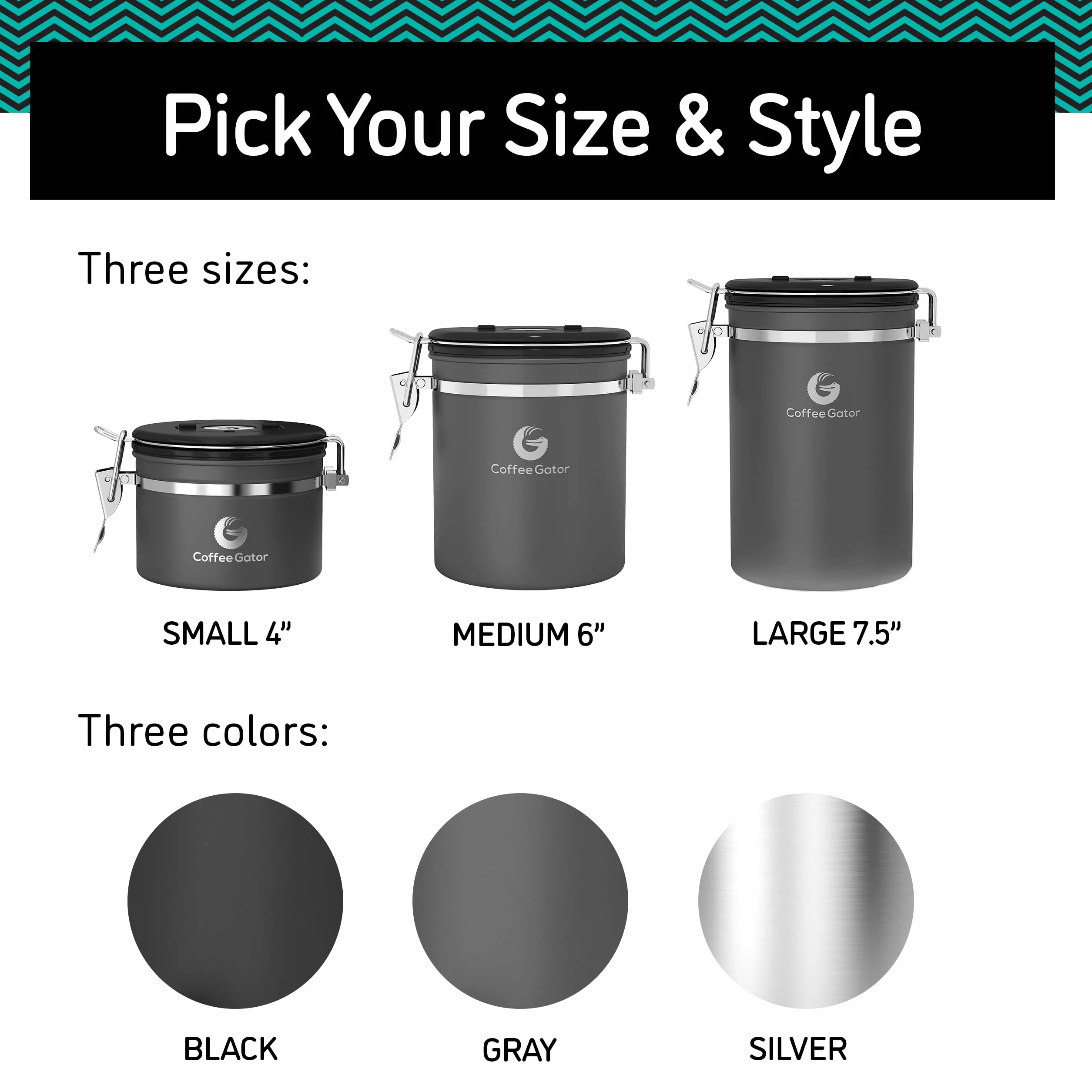 Coffee Gator Stainless Steel Coffee Grounds and Beans Container Canister with Date-Tracker, CO2-Release Valve and Measuring Scoop, Medium, Black