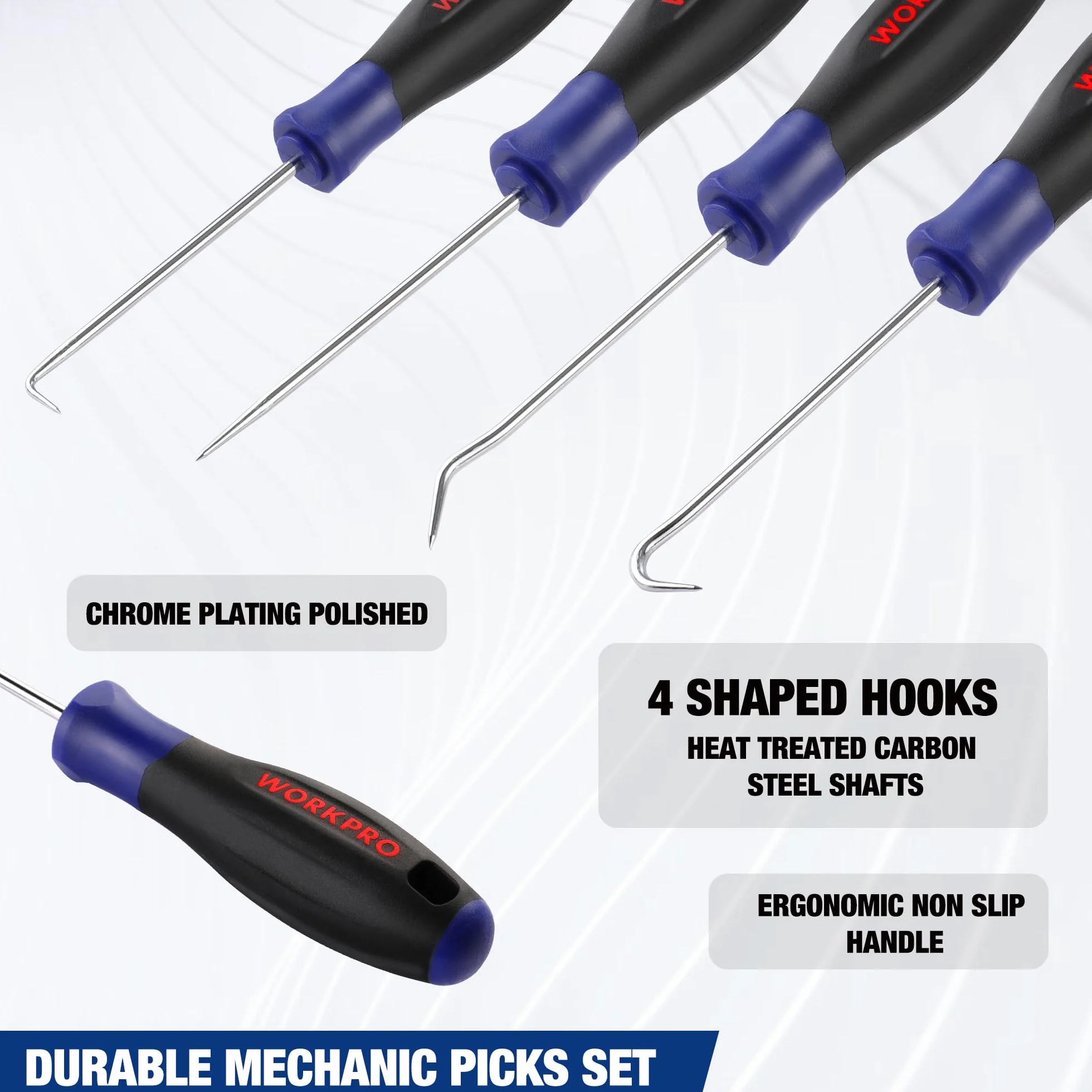 WORKPRO 4-Piece Precision Pick and Hook Set with Pouch, Angled Pick, Straight Pick, 90-degree Pick, Full Hook, Mini Pick Set Mechanic, Remove Small Fuses, Wire Plugs and "O" Rings, Gunsmith Tools