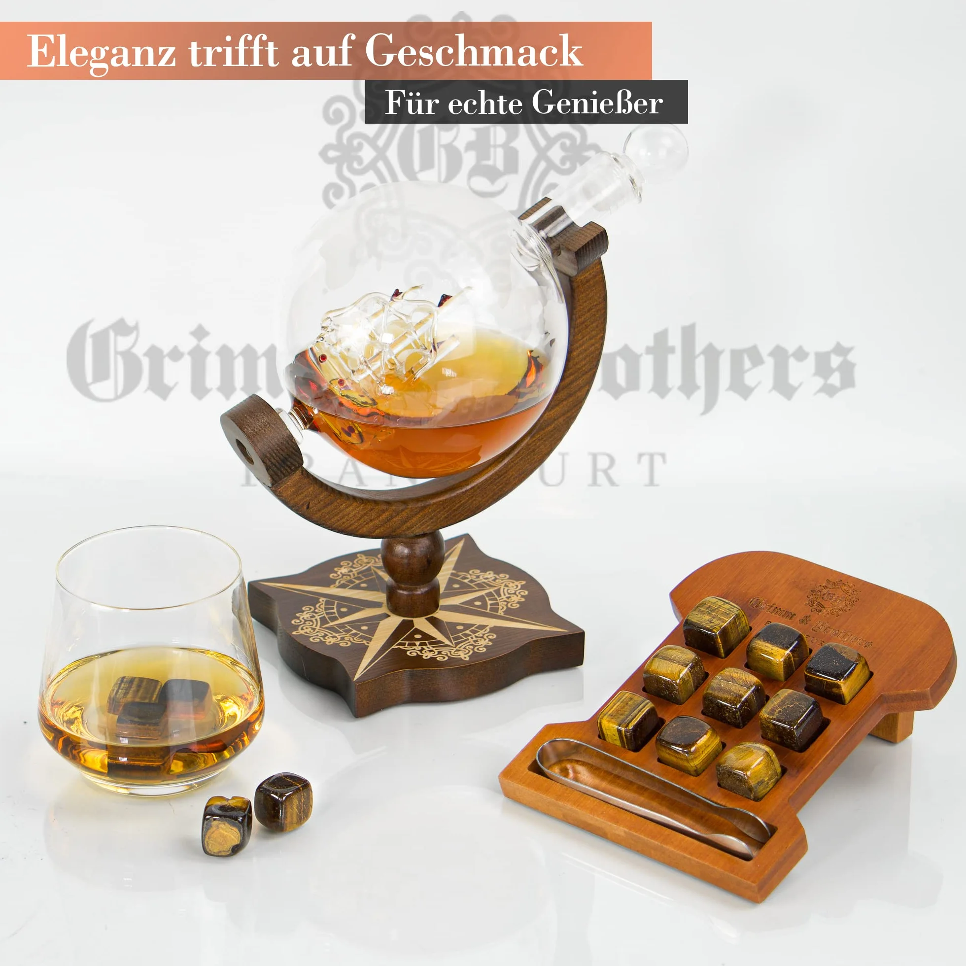 Grimm & Brothers: Zestaw kamieni do whisky, 9 kamieni tygrysie oko, grawerowana rama bambusowa, kamienie chłodzące, prezenty dla mężczyzn, kostki lodu wielokrotnego użytku, zestaw upominkowy