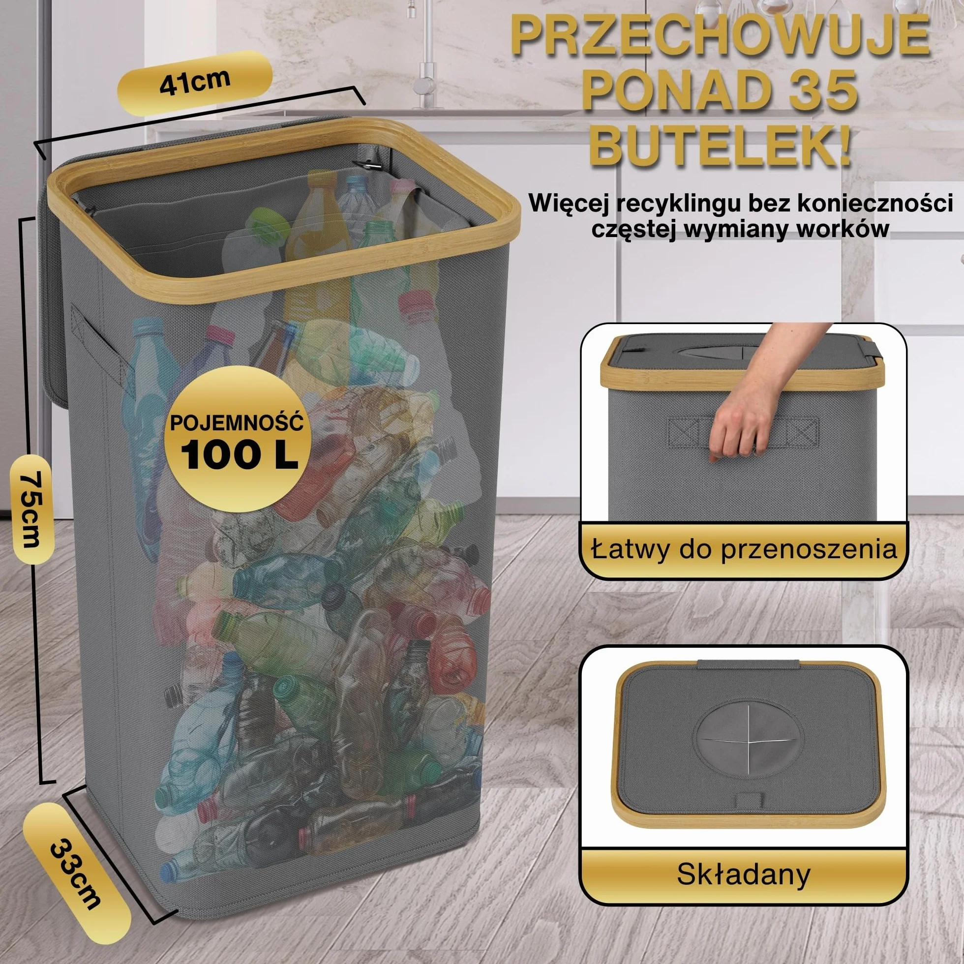 Deco haus® pojemnik na butelki z pokrywką 100L [w zestawie dodatkowa torba wewnętrzna] - Pojemnik na butelki depozytowe z otworem - kosz na butelki z pokrywka - Butelki na kaucję