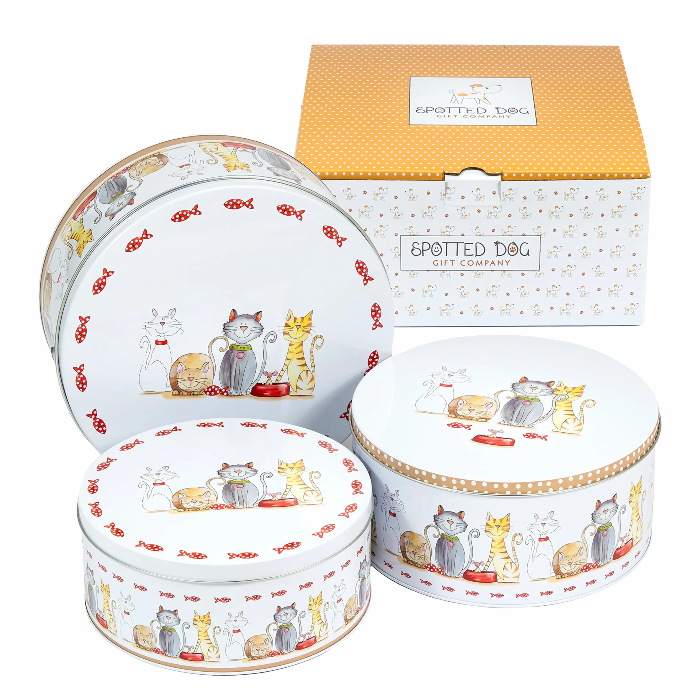 SPOTTED DOG GIFT COMPANY Zestaw 3 puszek do przechowywania ciast, okrągłe, do przechowywania ciast i ciastek, hermetyczne pojemniki na ciastka, urocze koty, duże, średnie, małe